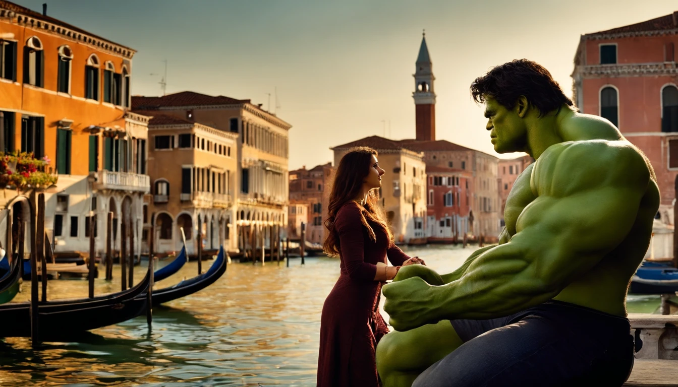[Incredible Hulk e Mulher-Maravilha] decidiram fazer uma merecida pausa em seus deveres heroicos. They chose the charming city of Venice for a romantic getaway, buscando momentos de tranquilidade em meio aos canais sinuosos da cidade e pontes pitorescas.