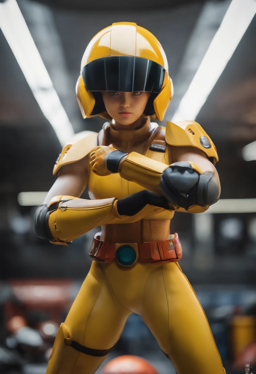 best quality,ultra-detailed,realistic:1.37,professional,highres,masterpiece:1.2,sharp focus,physically-based rendering,studio lighting,HD,portrait,anime,Akira Toriyama's artistic style,landscape,helmet with Saiyan tracker visor,combat armor inspired by Metroid worn by Bulma in black and yellow (white gloves and boots),vibrant colors,bokeh