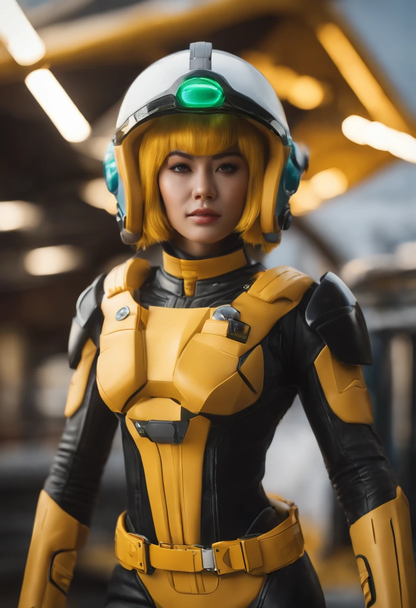 best quality,ultra-detailed,realistic:1.37,professional,highres,masterpiece:1.2,sharp focus,physically-based rendering,studio lighting,HD,portrait,anime,Akira Toriyama's artistic style,landscape,helmet with Saiyan tracker visor,combat armor inspired by Metroid worn by Bulma in black and yellow (white gloves and boots),vibrant colors,bokeh