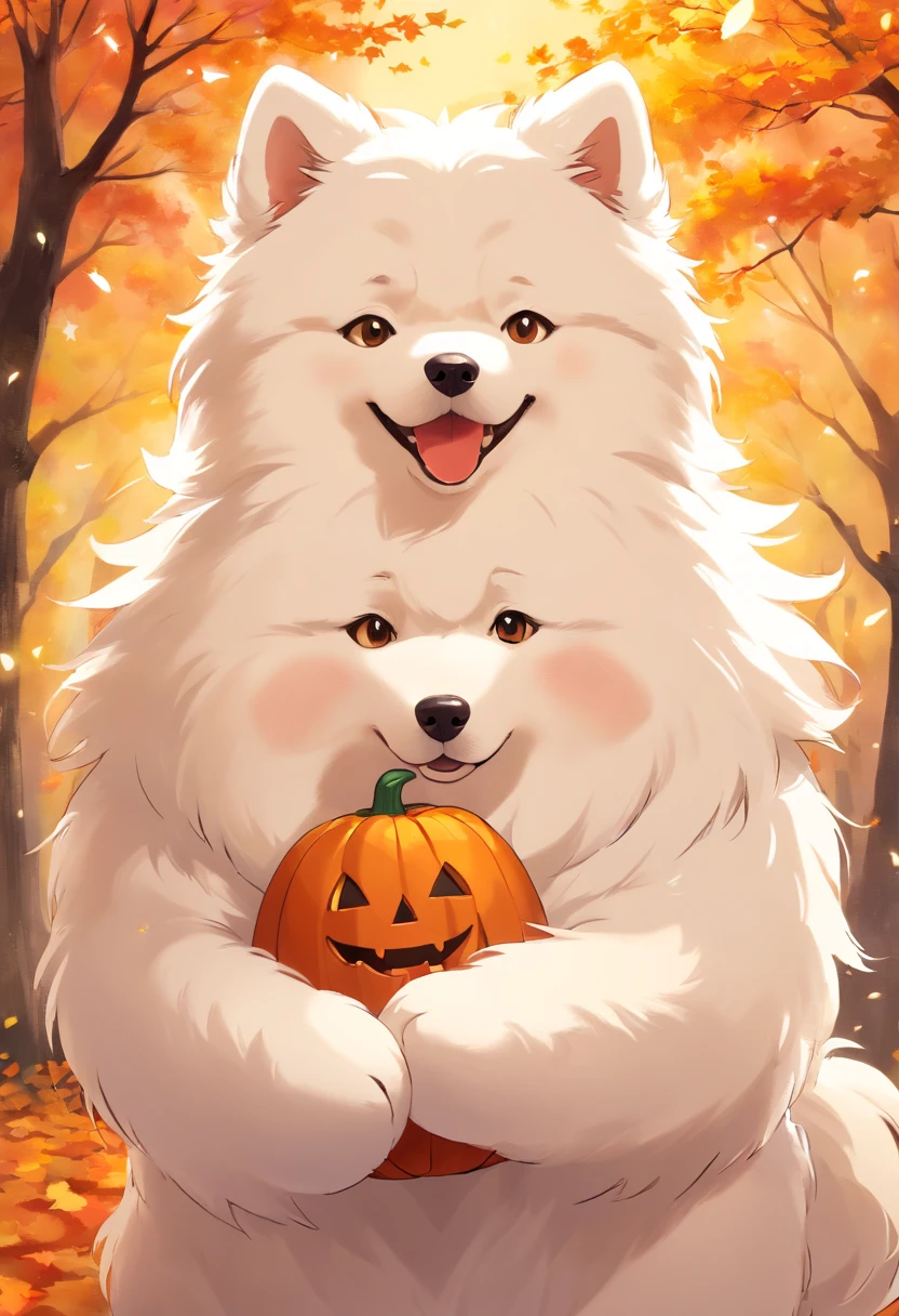 (Best quality,Realistic:1.37),Samoyed dog in Halloween costume,Detailed fur,Happy expression,Vivid colors,Studio lighting,playful pose,Autumn background,Soft lighting,Bokeh,Portrait style,cute cute