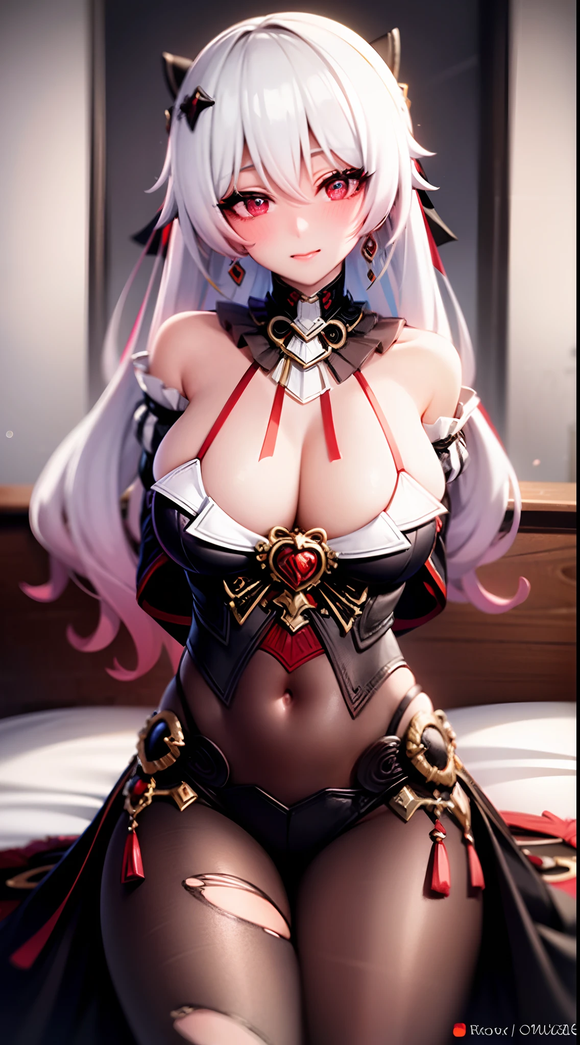 masterpiece, best quality, HD, 4K, Ultra-high resolution, Extreme Detail, Super detailed,
beautiful eyes, beautiful hair, Beautiful side, beautiful skin, honest, Redhead, red eyes, big breasts, torn clothes, sit, cross your legs, hands behind the back, ahegao, blush, Charming smile, Look at the viewer, bed, Close-up