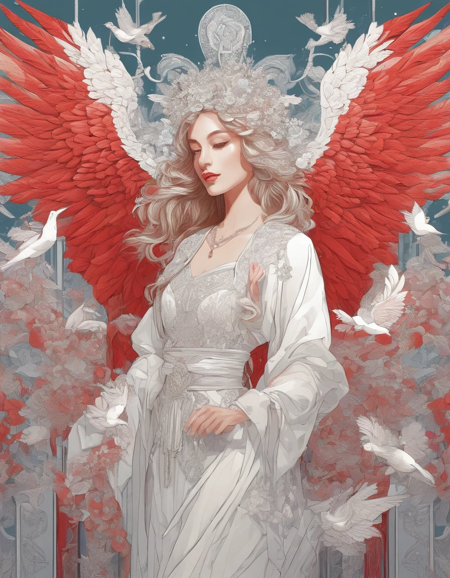 Chanteur dans un demi-masque blanc, Ailes de Big Angel, Robe longue rouge, innocence