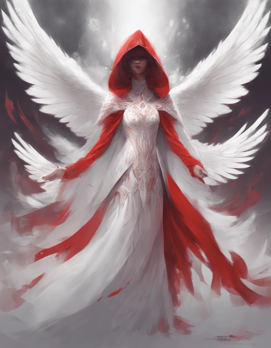 Chanteur dans un demi-masque blanc, Ailes de Big Angel, Robe longue rouge, innocence