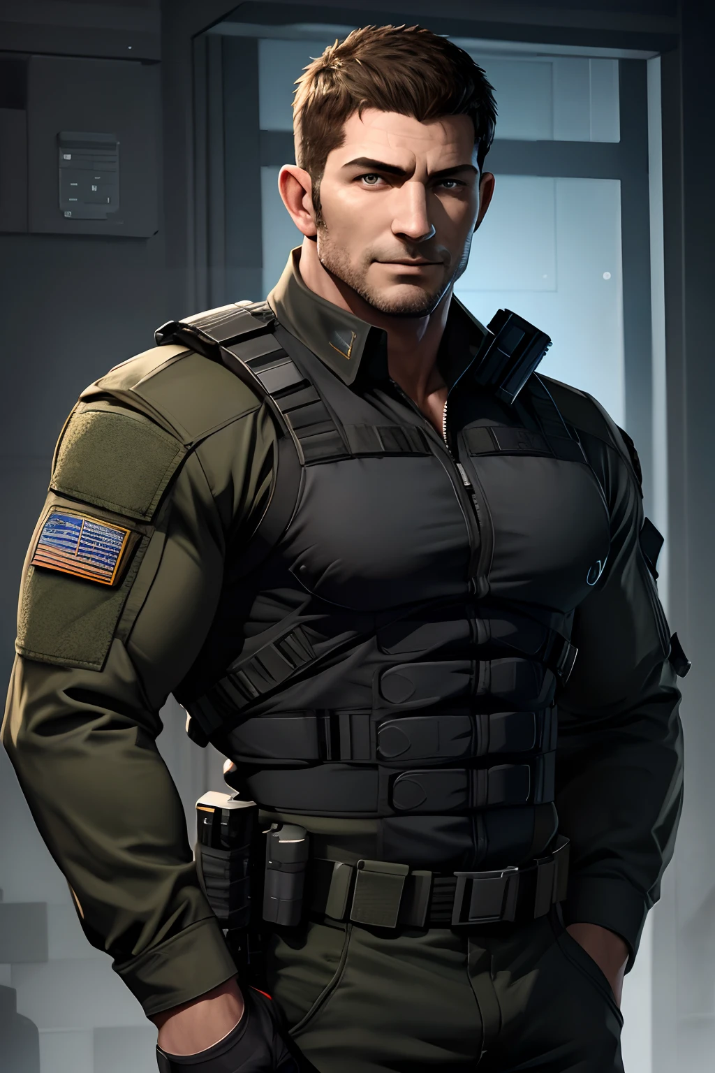 1 man, solo, 50 year old, Chris Redfield, smirks, looking at the camera, black color on the shoulder and a bsaa logo on the shoulder, military tactical suit, long shirt uniform military bulletproof, tall and hunk, biceps, abs, chest, best quality, masterpiece, high resolution:1.2, upper body shot