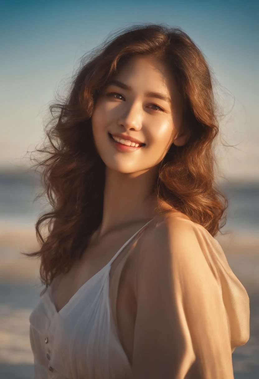 (Raw photo:1.2), (Photorealistic:1.4),(masutepiece:1.3),(Best Quality:1.4),超A high resolution,nffsw,8K, (Extreme detailed illustration), 1 girl, Detailed beautiful face, Young Girl, long curl hair,Smile,Solo, look at viewr,Clear background, On the beach, depth of fields, Natural lighting,(See-through silhouette),ulzzang -6500-v1.1:0.7