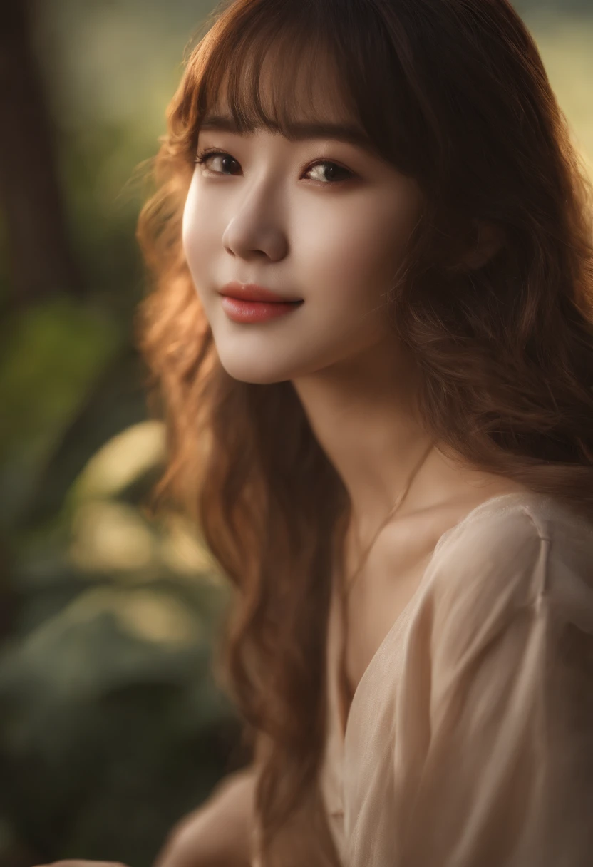 (Raw photo:1.2), (Photorealistic:1.4),(masutepiece:1.3),(Best Quality:1.4),超A high resolution,nffsw,8K, (Extreme detailed illustration), 1 girl, Detailed beautiful face, Young Girl, long curl hair,Smile,Solo, look at viewr,Clear background, On the beach, depth of fields, Natural lighting,(See-through silhouette),ulzzang -6500-v1.1:0.7