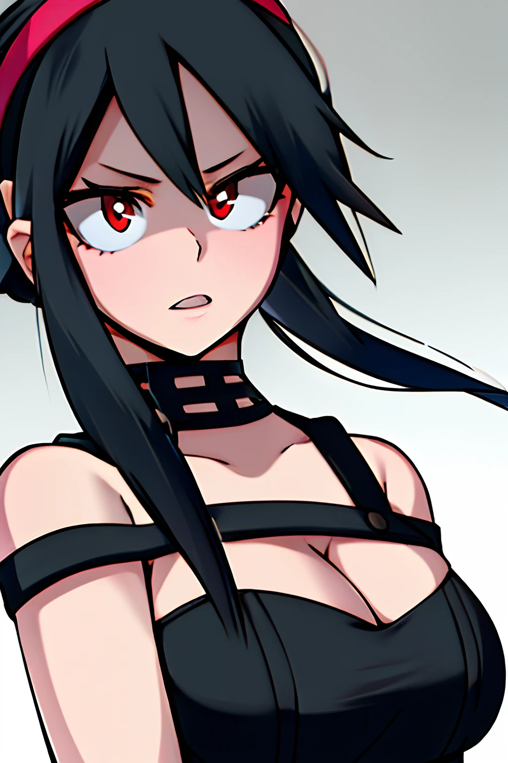 horikoshi kouhei, 1girl, yor, bare shoulders, boku no hero academia, cleavage, highres, medium breasts, black hair, solo, red eyes, head band, black dress