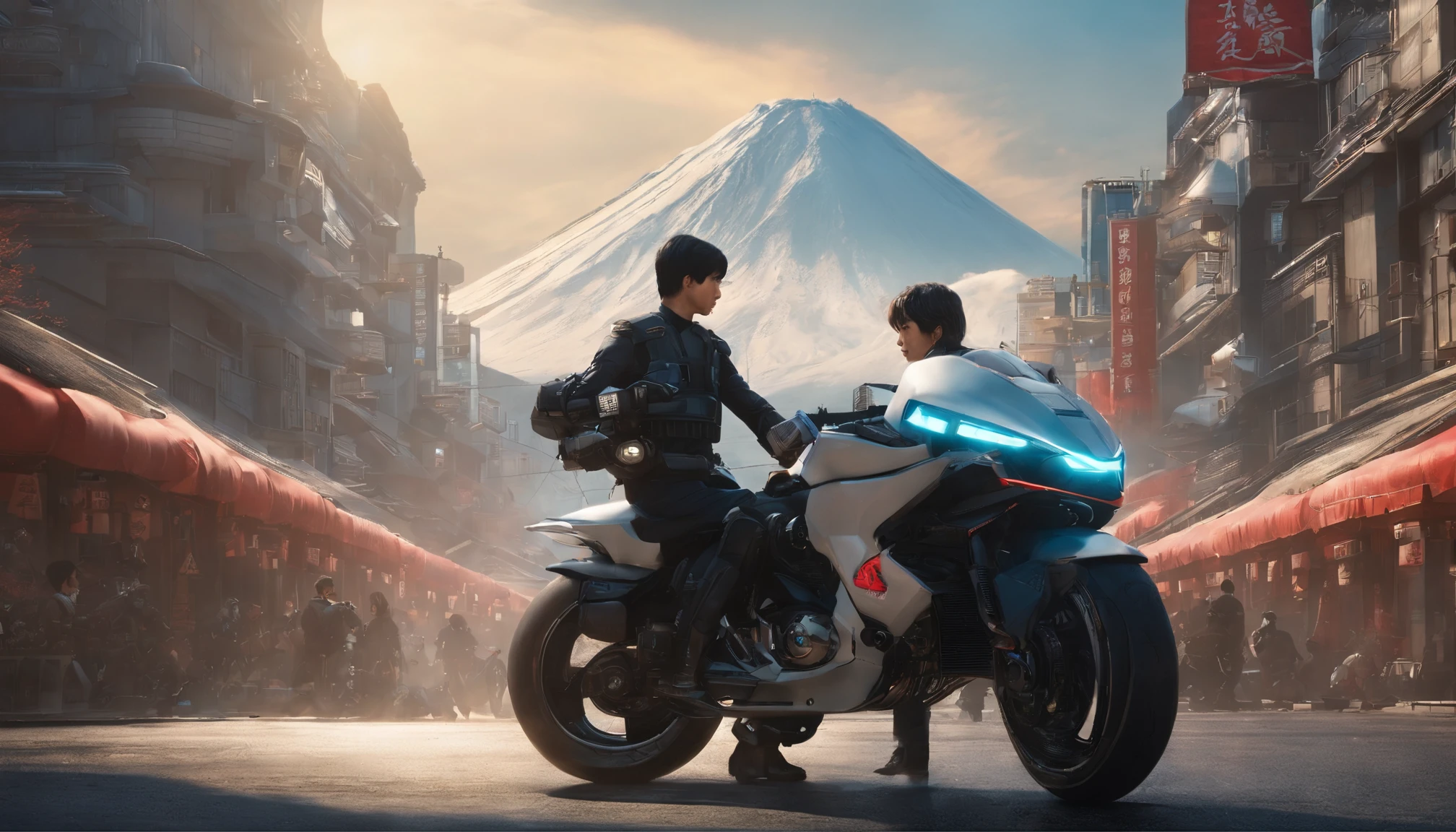 Black-haired boy riding a Kaneda motorcycle、Both arms are prosthetics with high-tech prostheses。Surrounded by white female riot police、White futuristic buildings、Japan of the future、Mt fuji