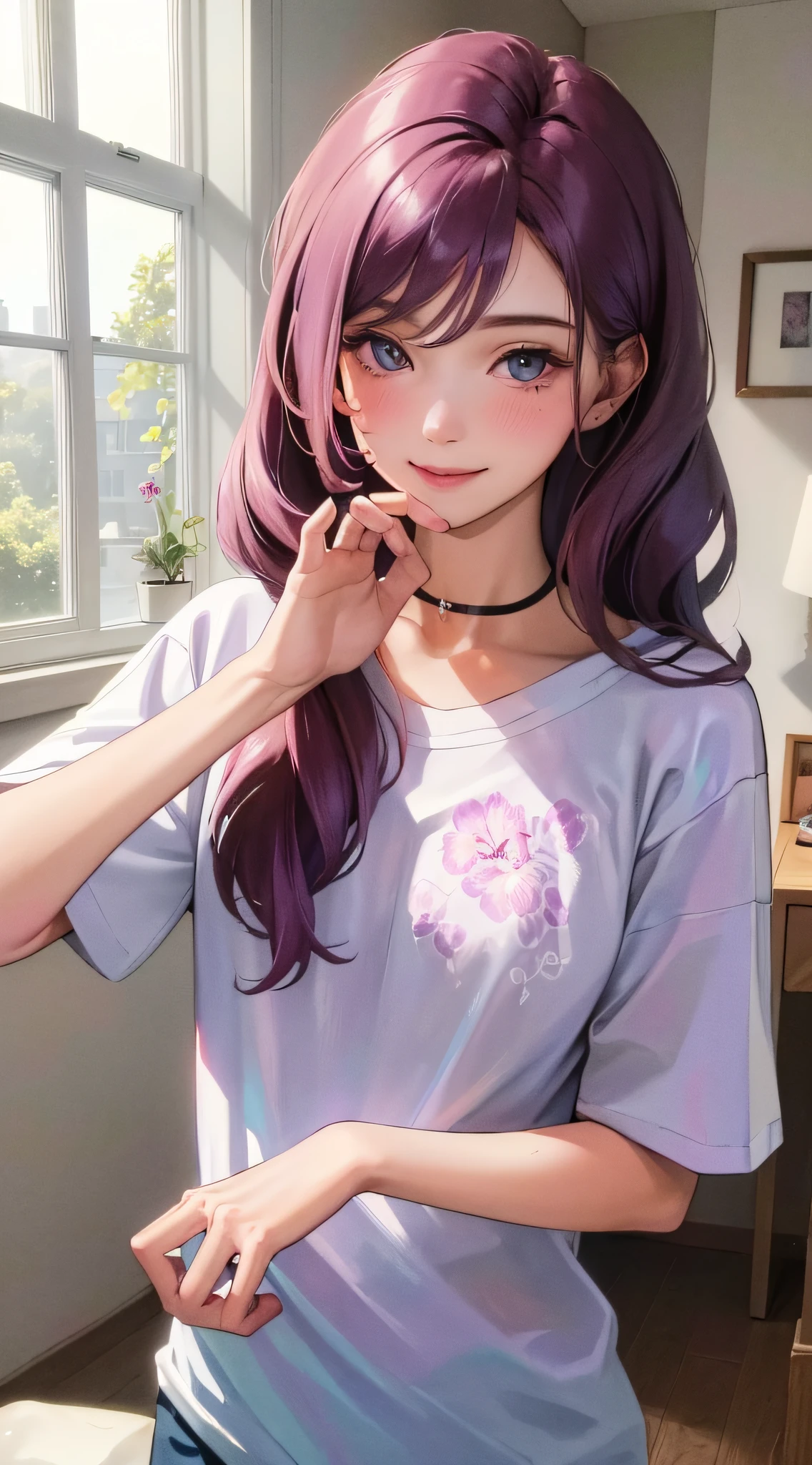 (higher resolution, distinct_image) The best quality, a woman, masterpiece, highly detailed, semi realistic, 21 years old, beautiful, young, handsome, t-shirt, lilac shirt pulled, collar on neck, interior, modern room, window, wake up, morning, blush, smiling