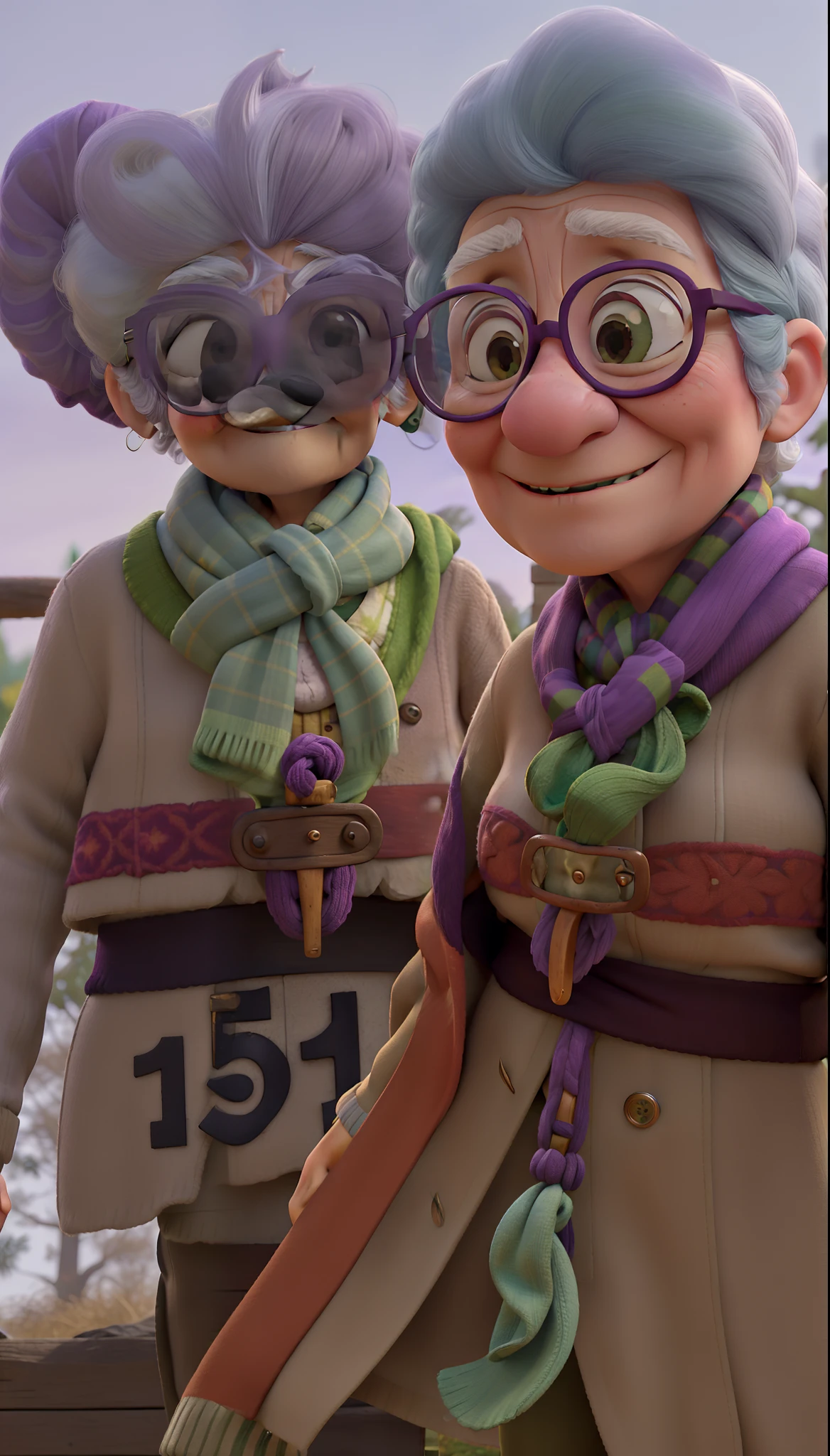 masterpiece, best quality, an old woman with glasses and a scarf on, wearing a purple coat and green scarf, standing at the park