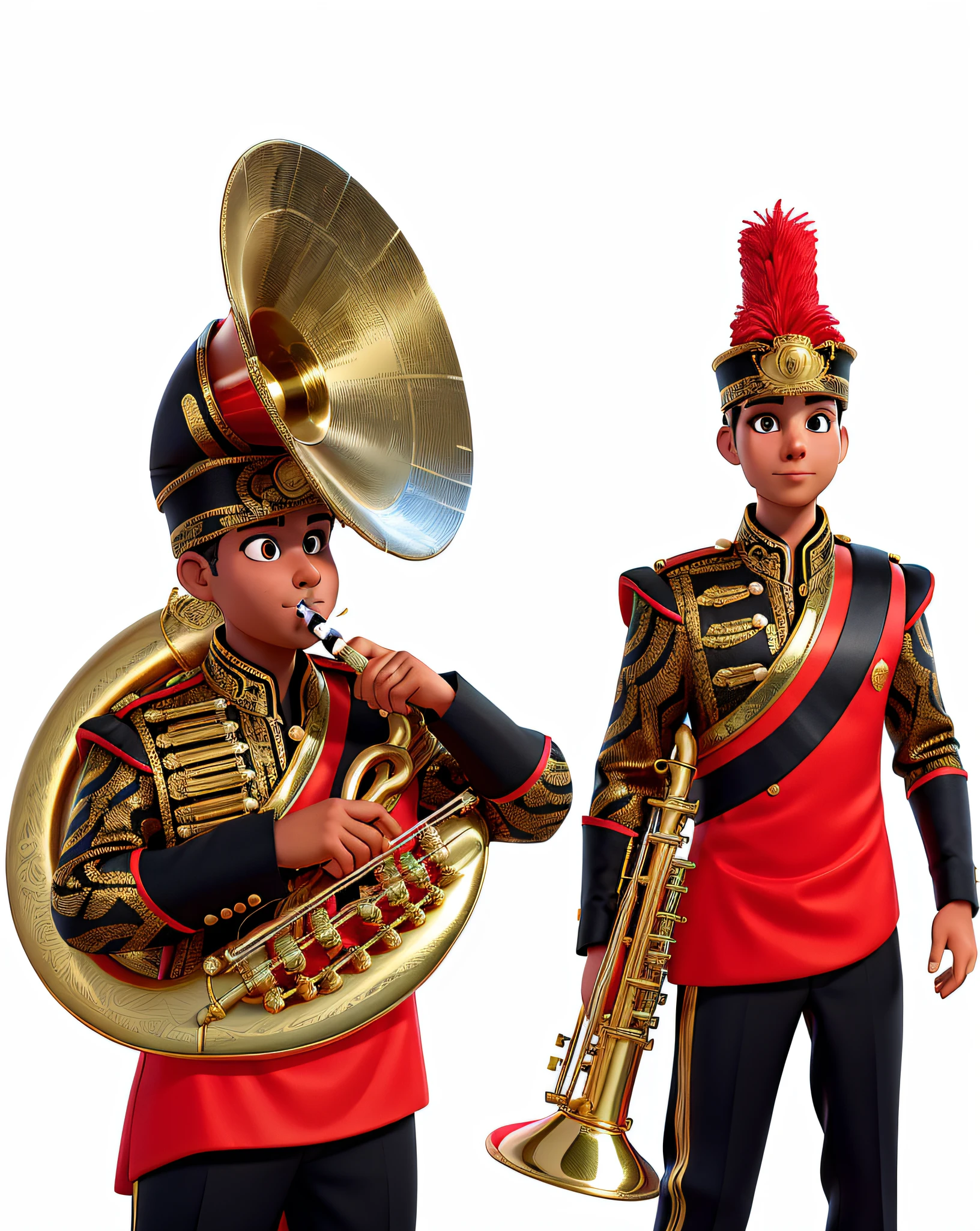 Musicians of the Cobrac marching band waiting to perform in front of the stage in the red and black outfit with gold details and instruments.