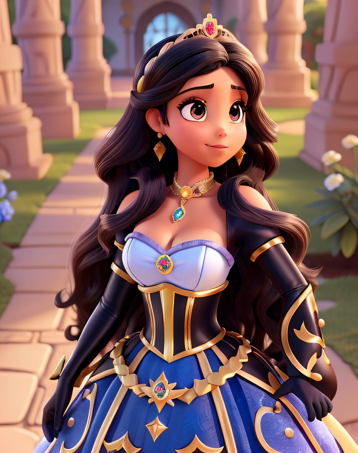 princesa disney pixar, morena, cabelos longo preto com mechas loiras, olhos escuros, vestido de princesa longo, alta qualidade, melhor qualidade