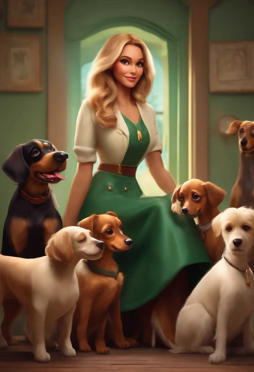 "Make a Disney Pixar-style picture, em 3d" Blonde woman greenish brown eyes long hair in veterinary clothes and with 4 small dogs short hair, Pinscher
