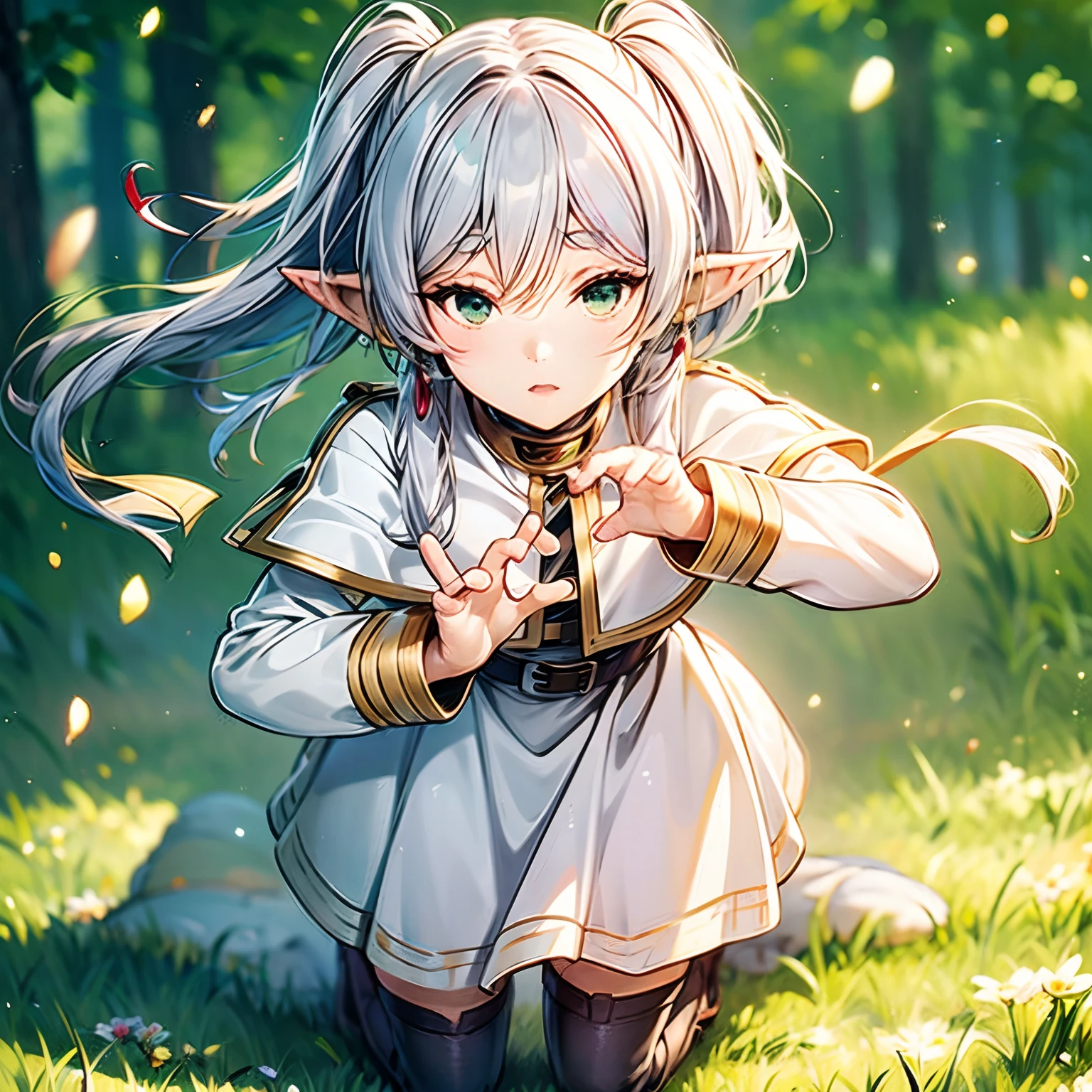 a woman in a dress kneeling on the ground, long hair, blush, bangs, long sleeves, twintails, green eyes, ass, flower, white hair, pantyhose, earrings, boots, outdoors, parted lips, day, pointy ears, belt, white dress, tree, black pantyhose, capelet, brown footwear, knee boots, grass, elf, nature, forest, white capelet, skirt lifting