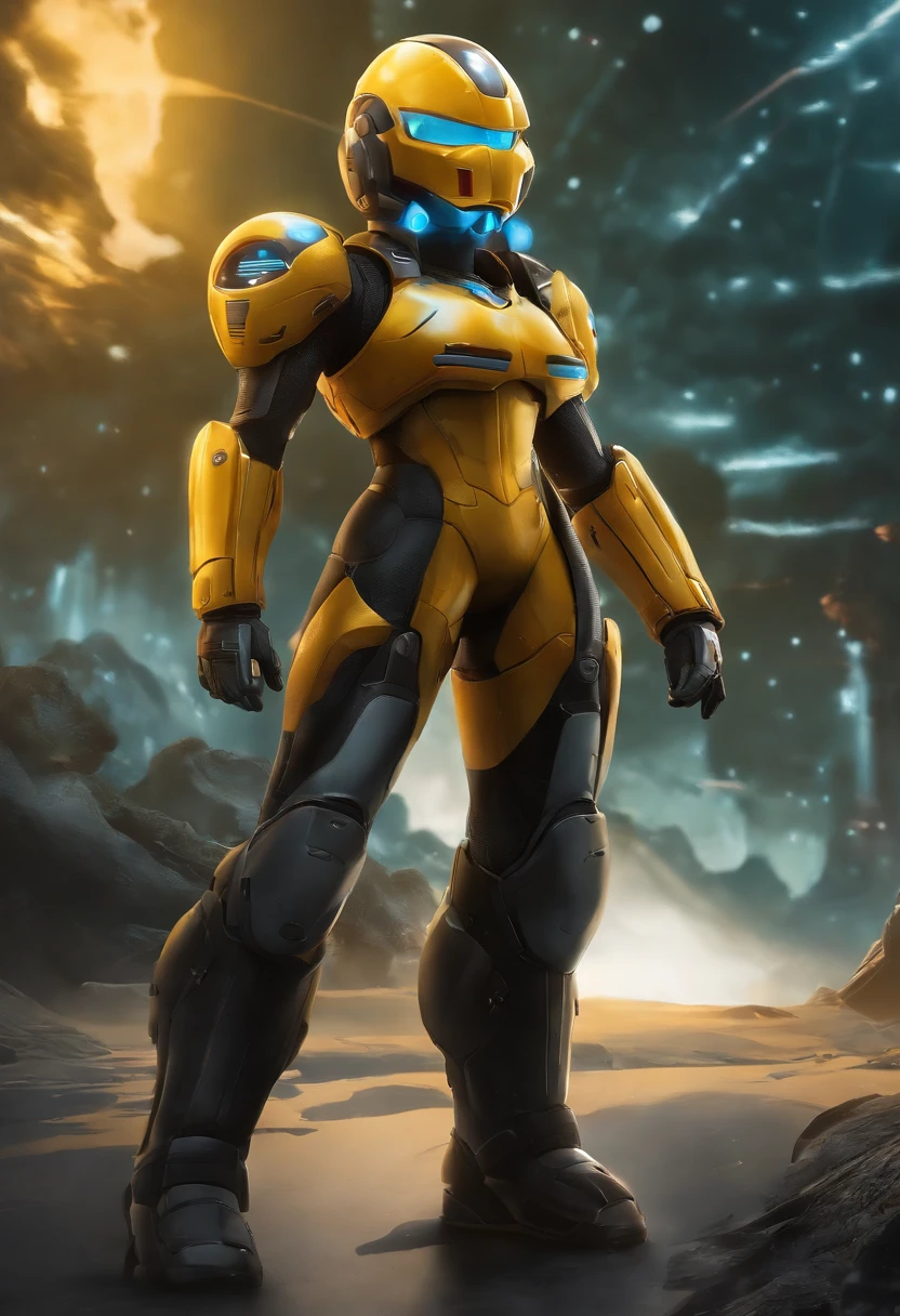 best quality,Akira Toriyama's art style,Landscape,capacete com viseira rastreadora Saiyajin,armadura de combate inspirada em Metroid usada por Bulma em preto e amarelo (luvas e botas brancas),cores vibrantes,Bokeh