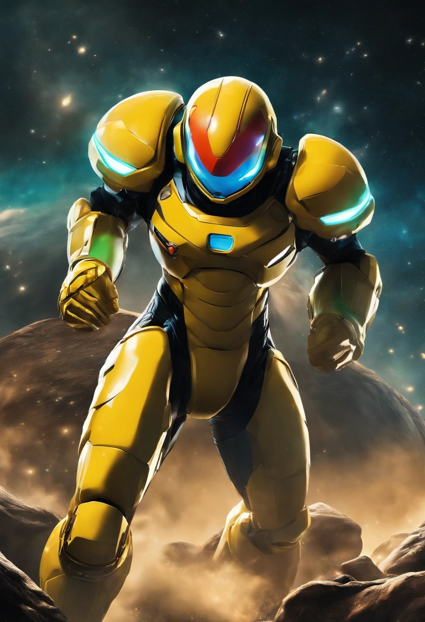 best quality,Akira Toriyama's art style,Landscape,capacete com viseira rastreadora Saiyajin,armadura de combate inspirada em Metroid usada por Bulma em preto e amarelo (luvas e botas brancas),cores vibrantes,Bokeh