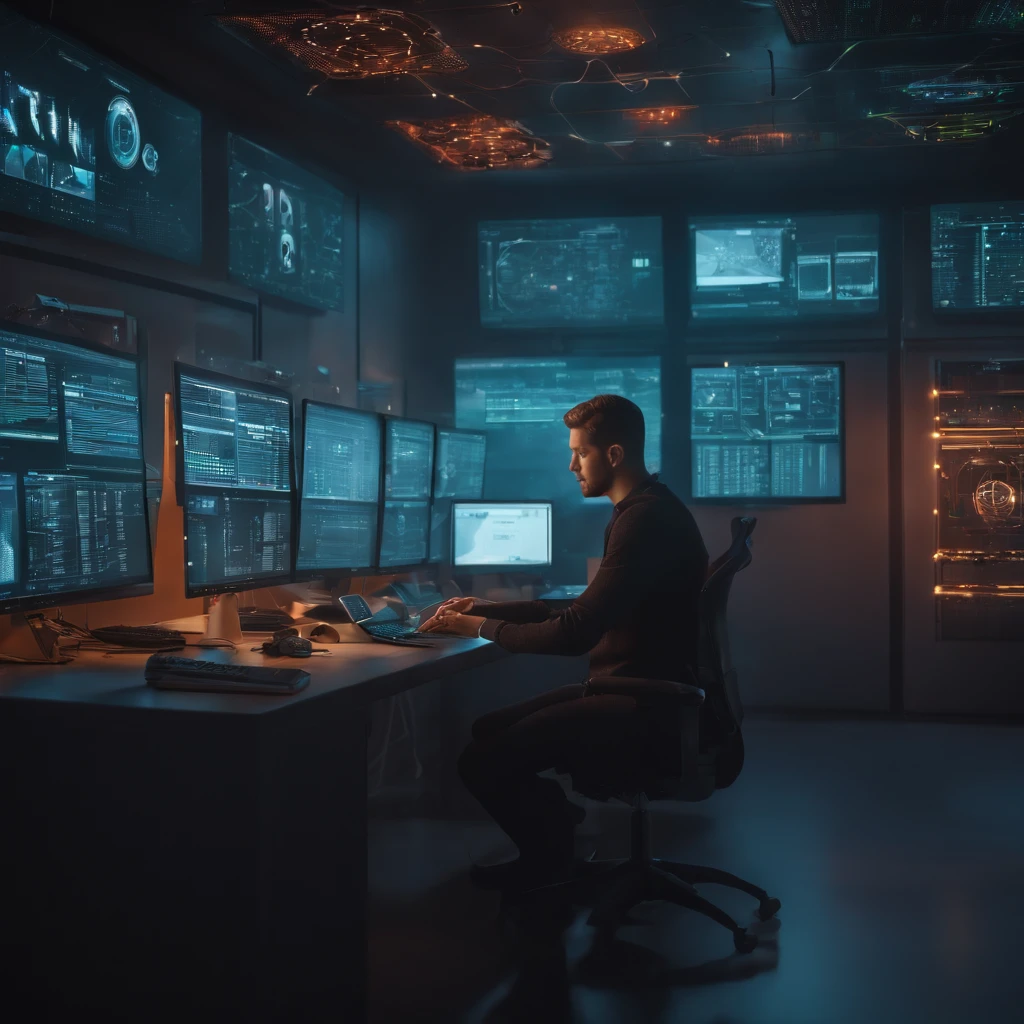 Person sitting fiddling with computer in a technology room, with software symbols and security cameras scattered around the environment