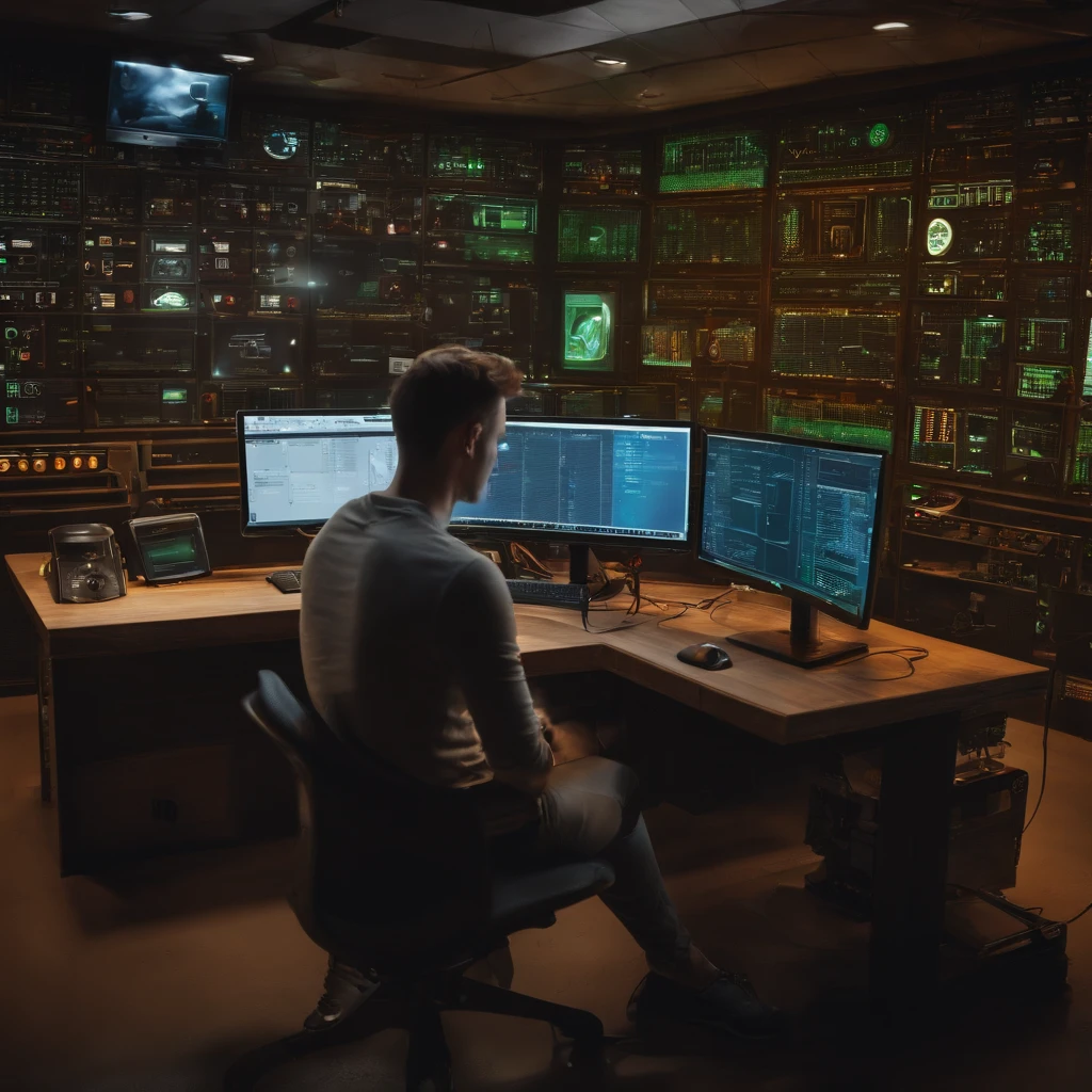 Person sitting fiddling with computer in a technology room, with software symbols and security cameras scattered around the environment