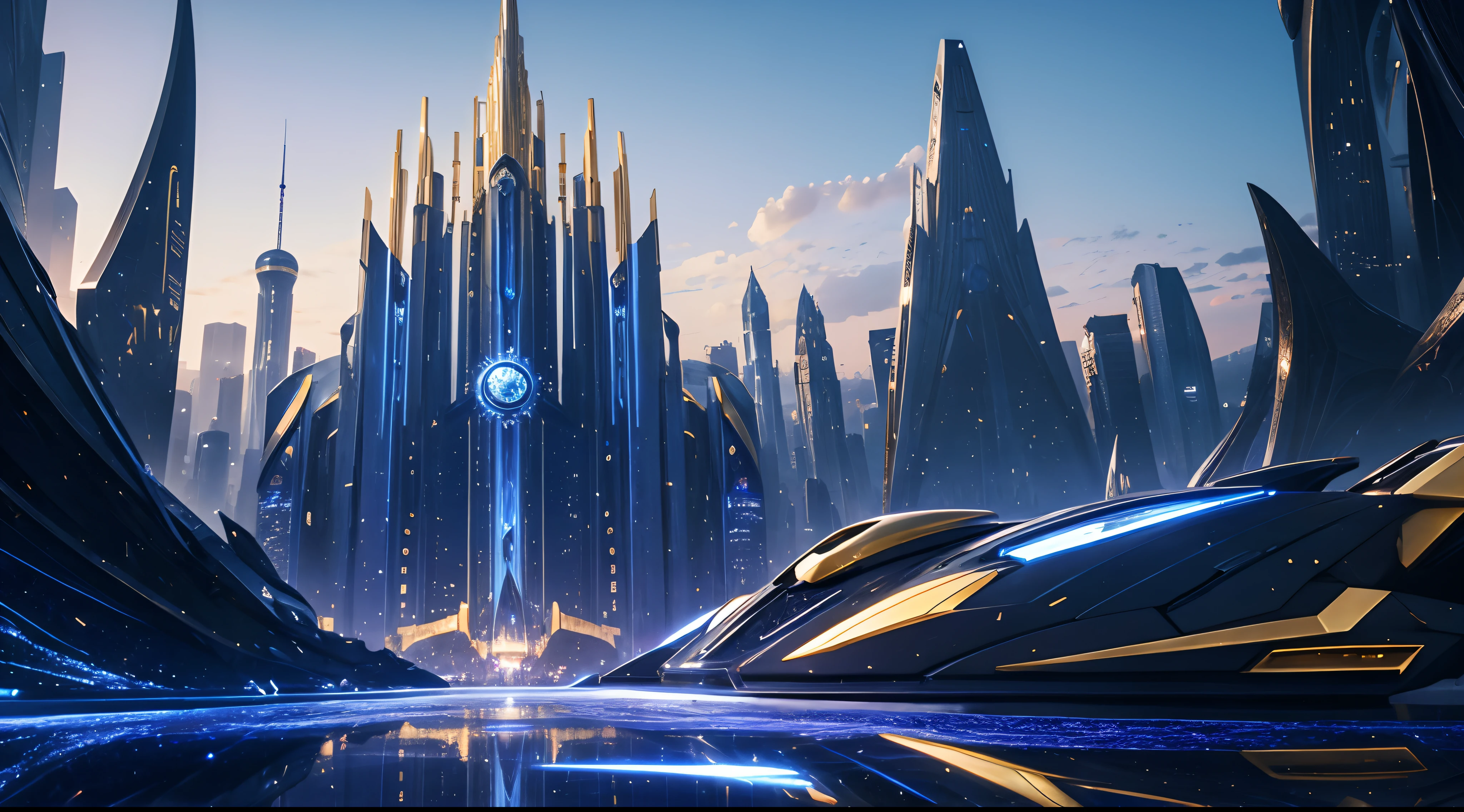 A epic legendary beautiful sapphire and golden futuristic city