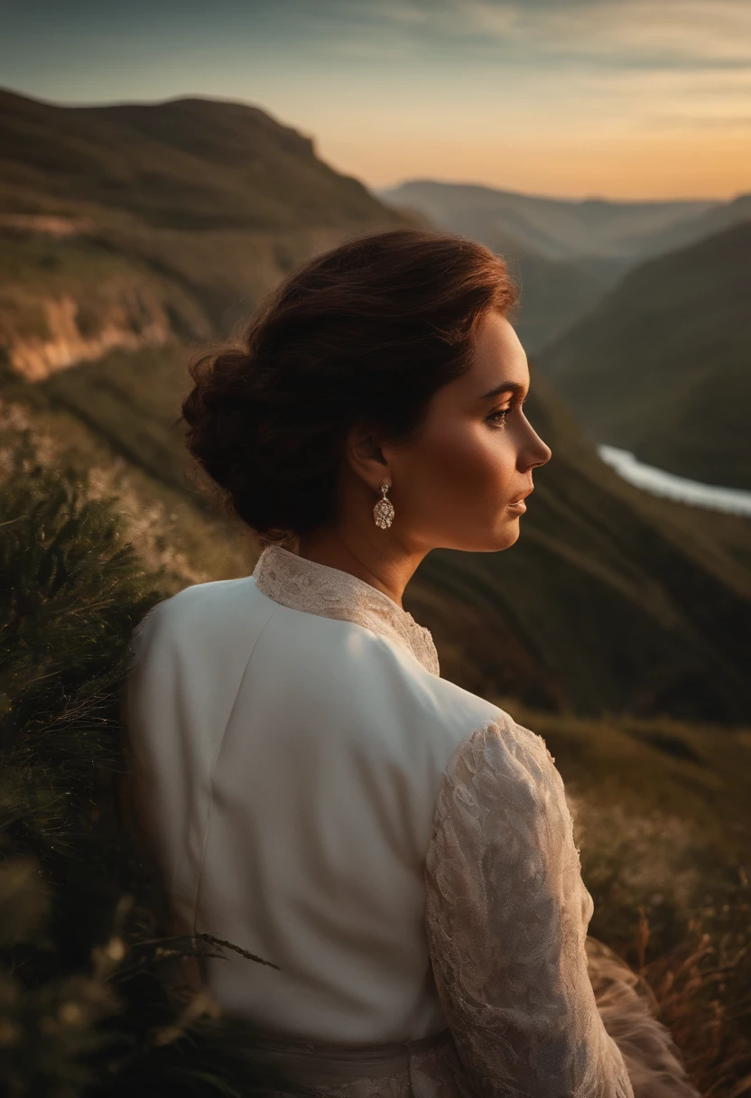 Crie uma imagem de 3 pessoas de costas, Embraced looking at a landscape. Um homem, uma mulher e outro homem.