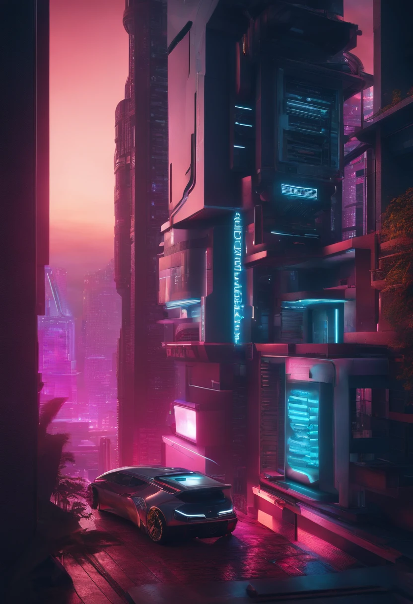 Quarto gamer com um computador muito bonito e ultra moderno, muito neon no quarto, View of a city with giant cyberpunk style building