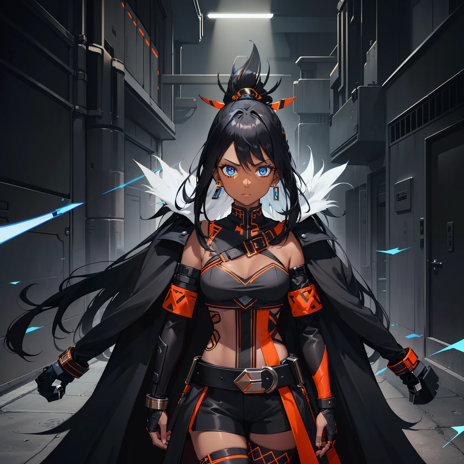 1girl , (((Dark Skin)))), Black Hair with Ponytail, (((Blue Eyes))), ((Black Metallic Gauntlets and Greaves with Orange and Silver Highlights)), (((The Clothes Have a Mix of Modern and Tribal))), (((The Clothes Have a Mix of Modern and Tribal))), having mostly the color black, but having parts in orange, shoulders exposed, at the hip a shorts that extend to half of the thigh of black color. ((Black Overcoat with a orange inner part)) absurd res, best res, high res, best face, best eyes