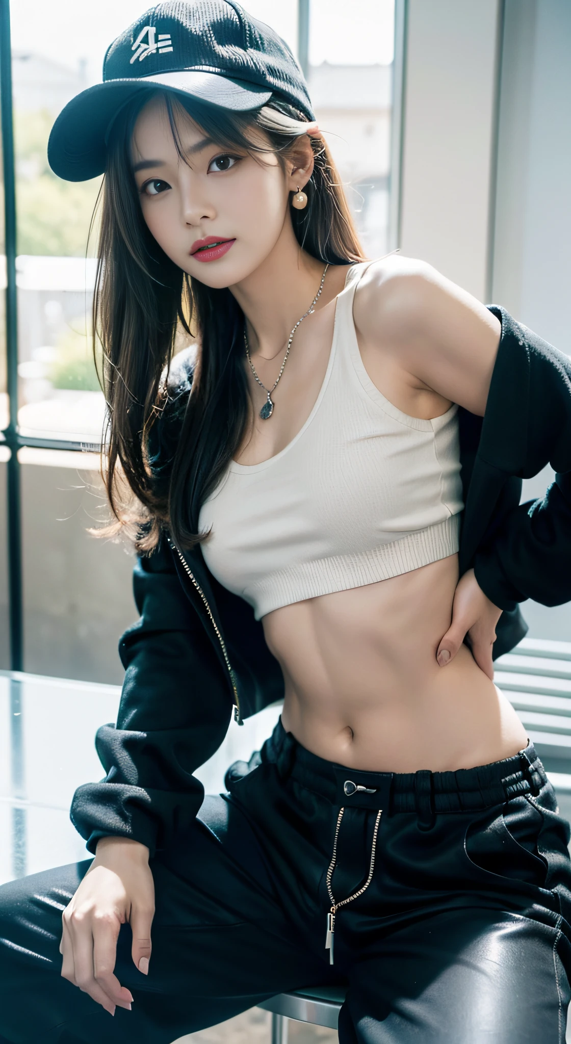 (32K,high-detail,high detal,hight resolution,highdensity,独奏:1.3),(Realistic people,Live action,A detailed eye,High resolution eyes,Fine eyes,Eyes that look like they are alive,beautiful dark blue eyes,Fishing eyes,Detailed lips,Crystal clear white skin,detailed realistic faces:1.3),(Japanese ido,Korean Idols,model in Japan,Korean models,Korean K-Pop Female Idols:1.2),(with a flushed face,natural make up,a necklace,piercings,Navel piercing:1.4)(Cargo pants,Colorful tops with oversized silhouettes,Coat with a large silhouette,Leather boots,Hats,Mode-based beautiful eye casual:1.6),(well-shaped breasts:1.5),(Sexy and very beautiful koreans16 years old little girl,Cool eyes,little smiling,facing back,turned around,Looking at the camera,Fashion Leader,fashion modell,Soft skin,Unforgettable eyes,Her eyes are too beautiful,I want to go to Paris Collection...........,Cutting-edge fashion:1.6),(showing your whole body,Show full-body fashion,Fashion that stands out:1.7)