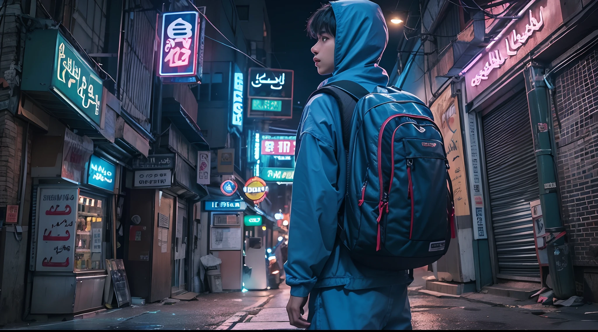 Photograph the Malay teen boy in blue outfit carrying big backpack in an urban arab city setting at night, with city lights and arabic neon signs as a backdrop. Use a low-angle shot with a wide-angle lens to capture the urban sprawl. Apply a cool blue color grading to enhance the futuristic and cinematic feel,Deep Focus cinematography effect, ultra detail, high quality, 8k