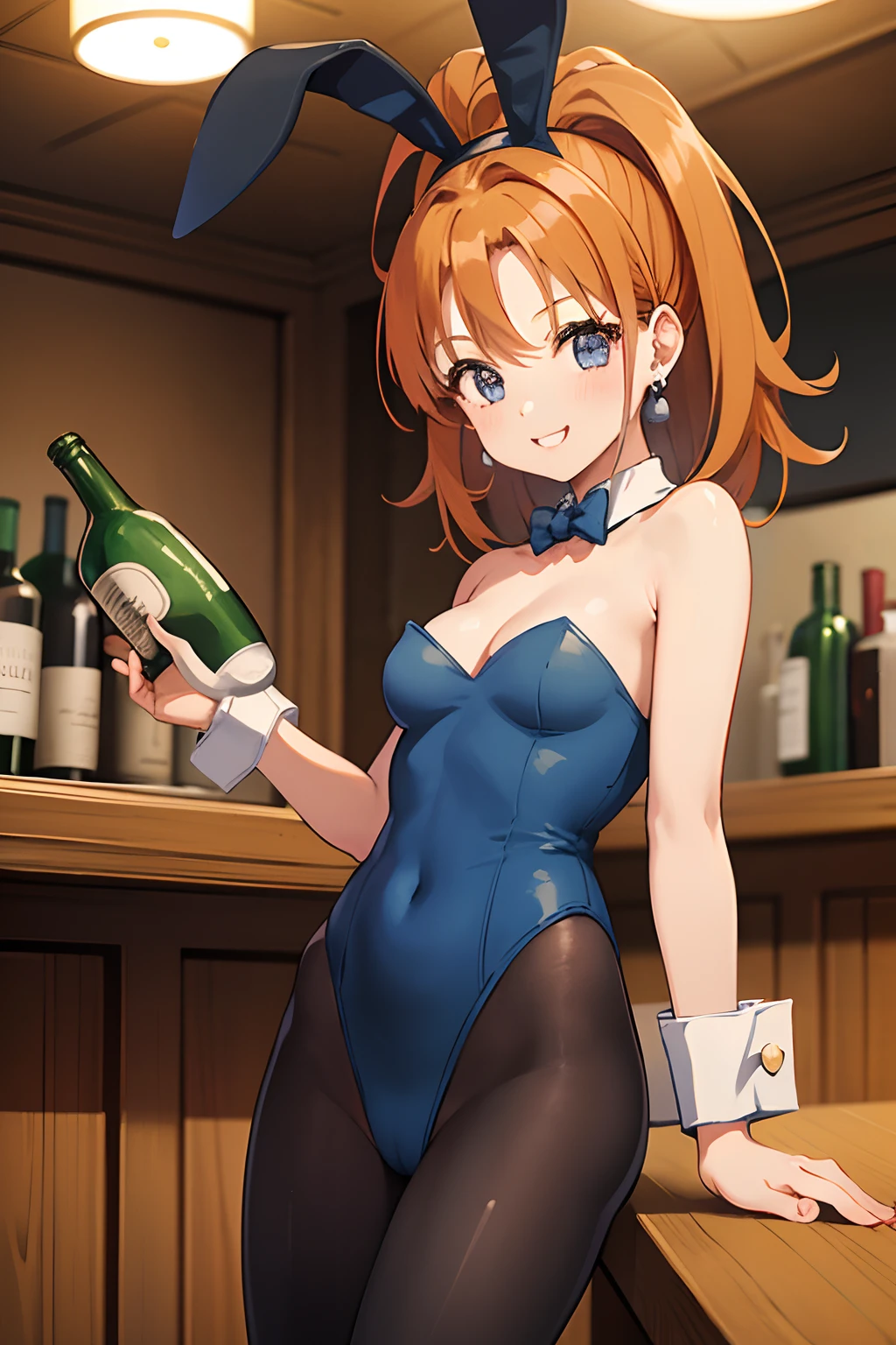1girl in、hight resolution、masterpiece、DQ6 Barbara、High Ponytail、Jewelry、earrings、A slender、Short stature、Orange hair、DQJESTER、fake rabbit ears、Blue leotard、bowtie、pantyhose、Wrist cuffs、Black_pantyhose、a bar counter、Lots of liquor bottles、Smiling smile