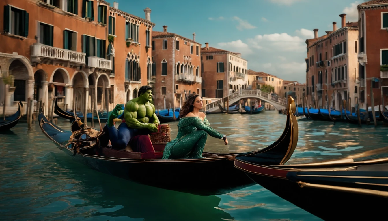 Incredible Hulk and Wonder Woman, both immensely powerful superheroes, are seen happily sailing in a traditional Venetian gondola along the enchanting Grand Canal. The gondola glides gracefully through the shimmering water, while they revel in the breathtaking beauty of the surrounding Venetian architecture. The Majestic Buildings, adornado com detalhes intrincados e cores vibrantes, subir elegantemente em ambos os lados do canal, creating a picturesque backdrop for this extraordinary scene.
O Hulk, with his muscular green physique, Exudes strength and power while sitting comfortably on the gondola. mulher maravilha, with his dazzling attire and powerful accessories, exudes grace and beauty as you accompany the Hulk on this delightful adventure. The gondola itself is expertly crafted, reflecting Venice's rich cultural heritage. Features ornate decorations, Estofados de luxo, and a gentle swing that adds to the romantic and serene atmosphere.
The image quality is of the highest standard, With every detail impeccably captured in ultra-high resolution (4K ou 8K). The colors are vivid and vibrant, bringing the scene to life with a touch of HDR. The lighting is carefully orchestrated, with a soft glow that enhances the beauty of superheroes and the architectural wonders that surround them. The entire composition exudes an air of realism and photorealism, As if the viewer were transported to this magical world.
The art style chosen for this scene is a perfect blend of comic book illustrations and realistic rendering. It captures the essence of both characters while embracing the grandeur of the Venetian setting. The color palette is rich and diverse, with deep blues of the canal water contrasting with the warm tones of the buildings. This combination creates a visually striking and harmonious aesthetic.
Geral, this prompt paints a mesmerizing picture of the Incredible Hulk and Wonder Woman adventurously sailing in a gondola through the beauty et