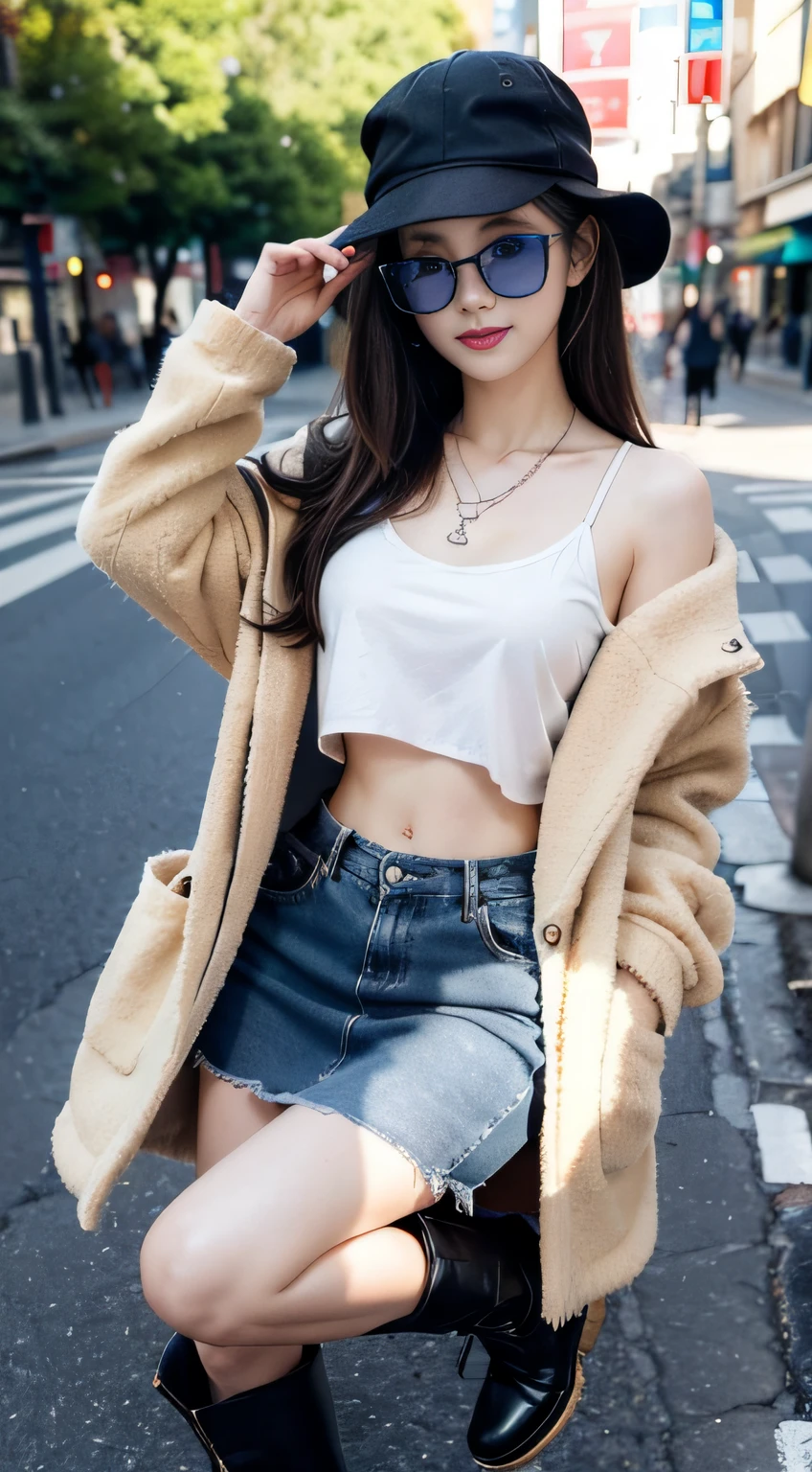(32K,high-detail,high detal,hight resolution,highdensity,独奏,Lori:1.3),(Realistic people,Live action,A detailed eye,High resolution eyes,Fine eyes,Eyes that look like they are alive,beautiful dark blue eyes,Fishing eyes,Detailed lips,Crystal clear white skin,detailed realistic faces:1.3),(Japanese ido,Korean Idols,model in Japan,Korean models,Korean K-Pop Female Idol:1.2),(with a flushed face,natural make up,a necklace,piercings,Navel piercing:1.4)(Long skirt with cut,Colorful tops with oversized silhouettes,Large coat,Leather boots,Hats,Mode-based beautiful eye casual:1.6),(well-shaped breasts:1.5),(Young but very beautiful Korean16 years old girl,Cool eyes,little smiling,facing back,turned around,Looking at the camera,Fashion Leader,fashion modell,Soft skin,Unforgettable eyes,Her eyes are too beautiful,I want to go to Paris Collection..........,Cutting-edge fashion:1.6),(showing your whole body,Show full-body fashion,Stylish blue glasses,Show thighs:1.7)