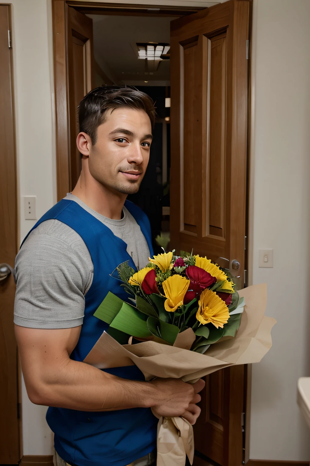 Flower delivery brings a guy who looks like Brad Pitta holds out a bouquet at arm's length, the camera looks a little from above, right at him, the angle from the opened door is waist-high