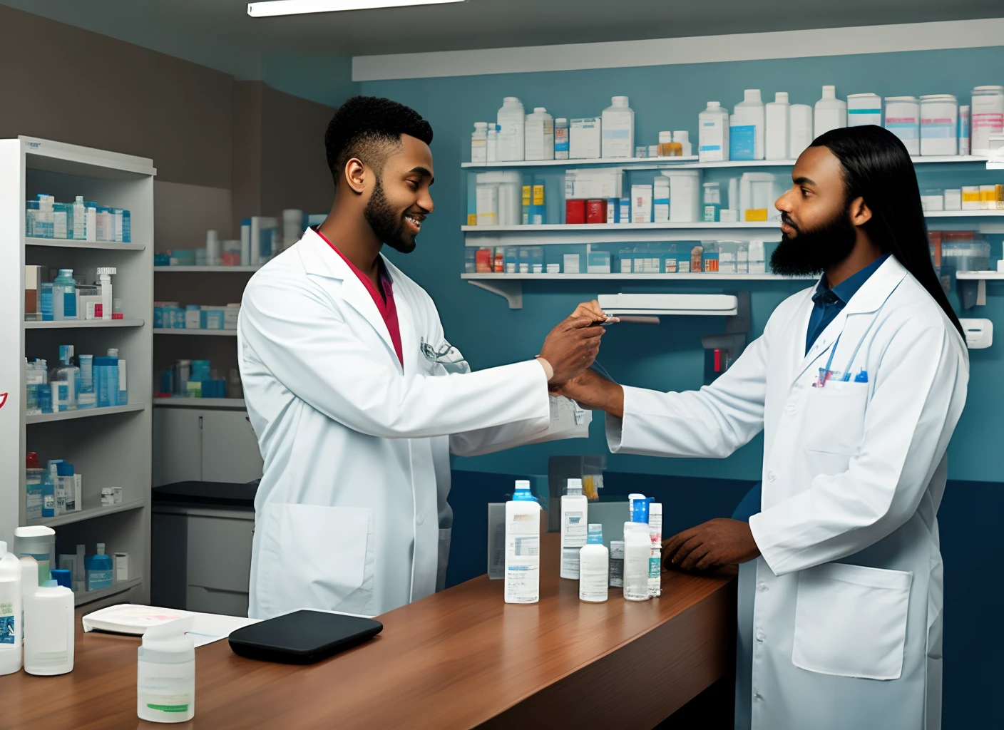 dark-skinned man, straight hair and beard and lab coat, pharmacist in a hospital