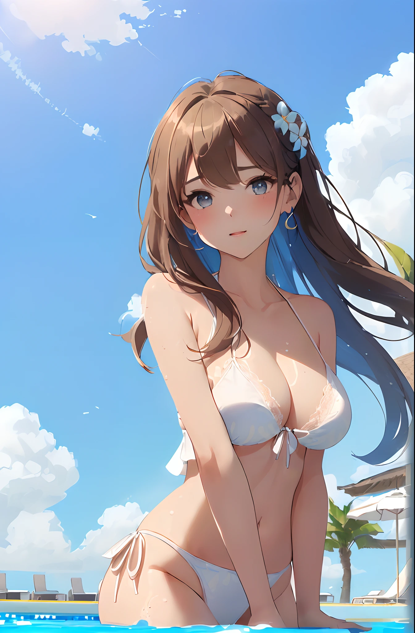 top-quality、masterpiece、(1 adult female:1.3)、(Soft bust:1.2)、natural(large boob)、Chest thrusting pose、slender、(Thin and simple white lace bikini swimsuit:1.2)、Brown hair、(Hair is tied back)、(Hair fluttering in the wind:1.3)、azure eyes、(White highlights in the pupils)、(Look at viewers:1.2)、de pele branca、red blush、A slight smil、(Blue summer sky:1.3)、1 contrail、(Avoid the background around the upper body:1.3)、(Blur the background a lot to make the woman stand out:1.3)、(Beautiful background by the pool on the beach:1.3)、(Beautiful summer flowers)