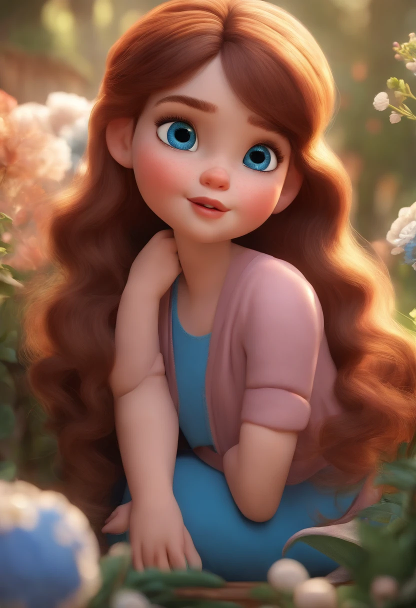 (best quality, realistic, Pixar animation inspired), chubby girl, intense blue eyes, close-up, captivating facial expressions, dream-like touch, vibrant colors, detailed features, soft lighting, whimsical background