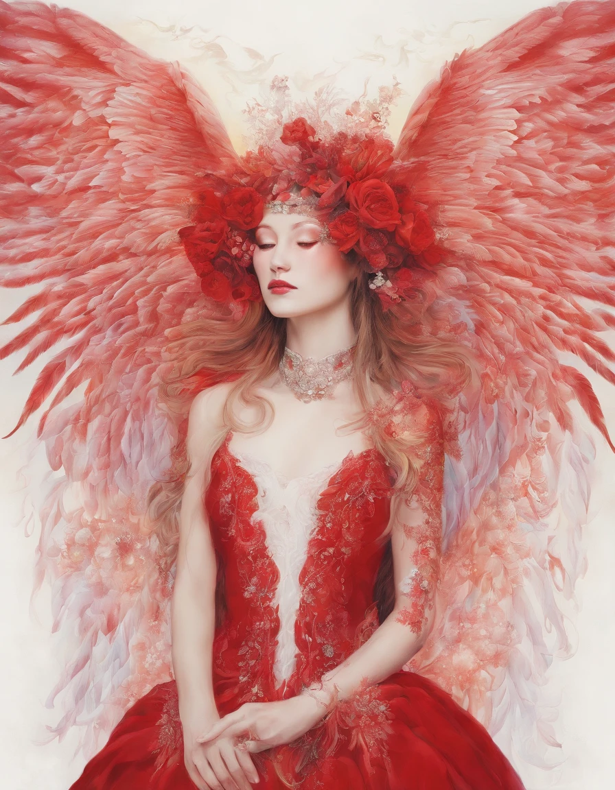 Chanteur dans un demi-masque blanc, Ailes de Big Angel, Robe longue rouge, innocence