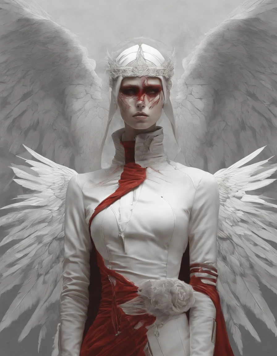 Chanteur dans un demi-masque blanc, Ailes de Big Angel, Robe longue rouge, innocence