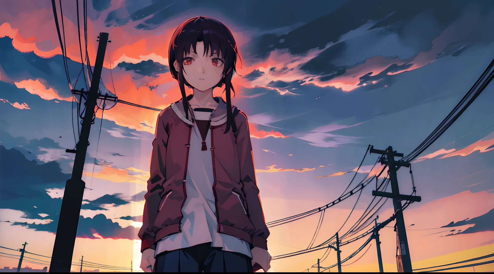 iwakura lain,1 girl,open tuck, beautifuly color Clothes, dusk sky, Telegraph Pole, in ruins,