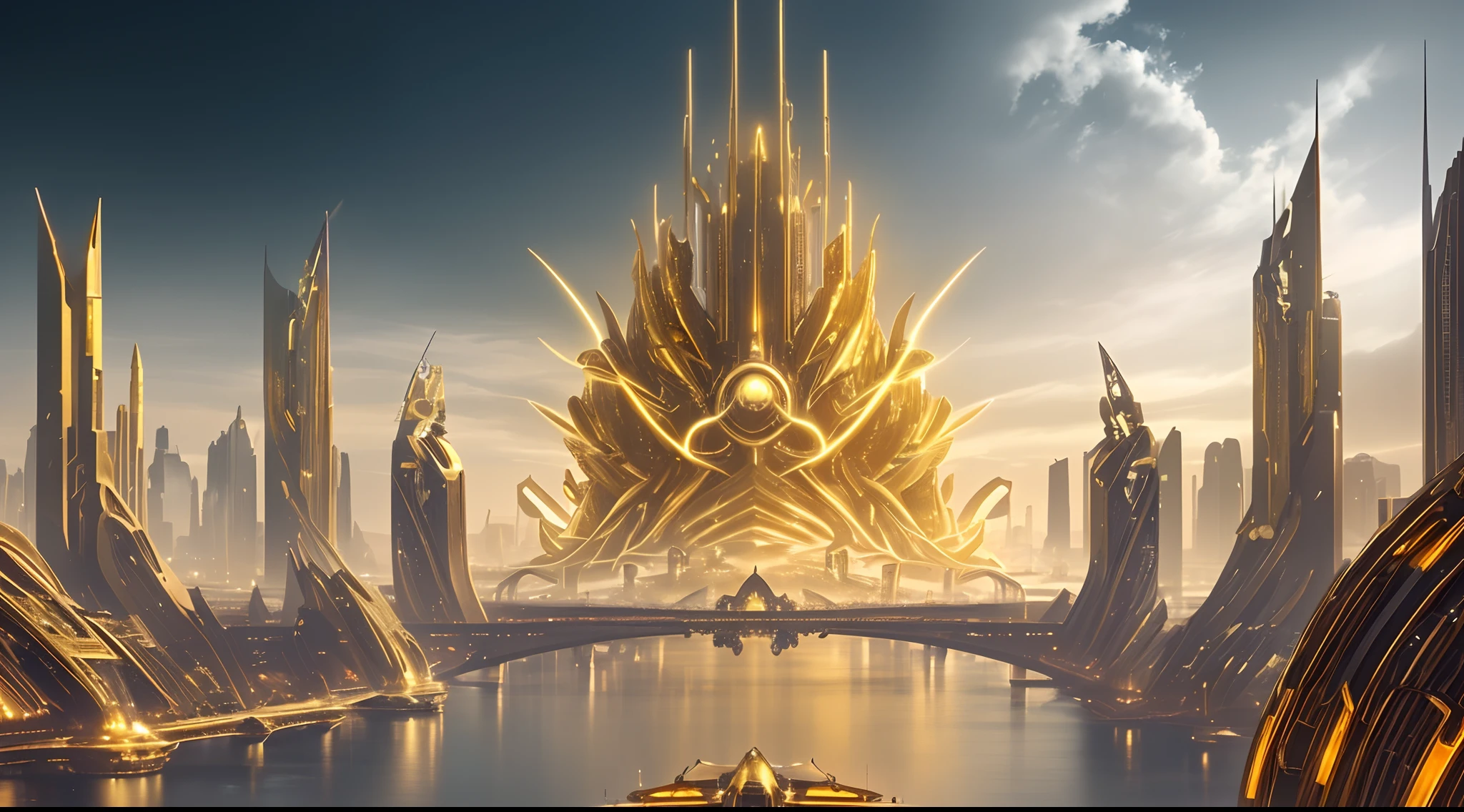 A epic legendary beautiful golden futuristic city