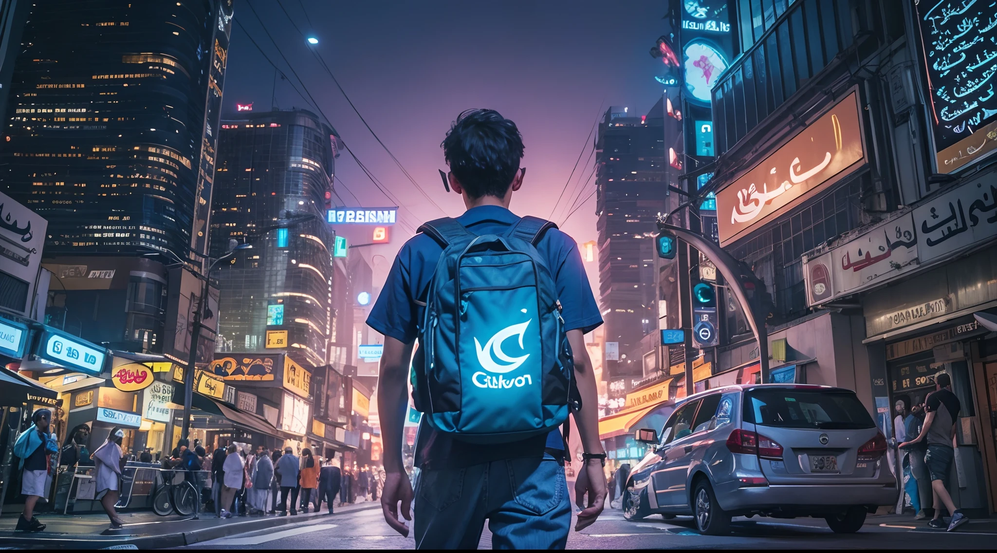 Photograph the Malay boy in blue outfit carrying big backpack in an urban arab city setting at night, with city lights and arabic neon signs as a backdrop. Use a low-angle shot with a wide-angle lens to capture the urban sprawl. Apply a cool blue color grading to enhance the futuristic and cinematic feel,Deep Focus cinematography effect, ultra detail, high quality, 8k