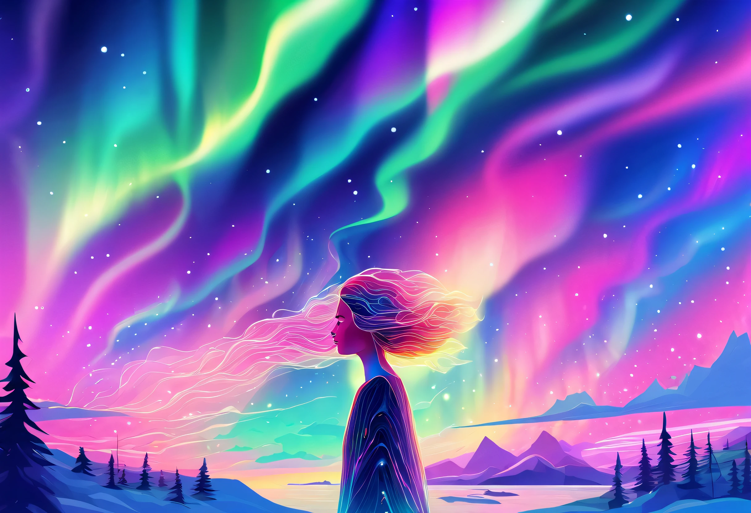 tmasterpiece, 4K, Hyper-Resolution, Optimal image resolution,aurora borealis，This stunning illustration depicts an abstract portrait of a young girl in the Northern Lights, A chaotic storm of aurora erupted in his mind，ModelShoot style，（multiple exposure：1.8），The transparent and ethereal girl's face blends with the aurora,Express your thoughts, Emotions and dreams in surreal and magical landscapes. Use bright colors and meaningful symbols to reflect the complexity of the human mind，Epic surrealist style，Epic dreamy style，epic digital art illustration