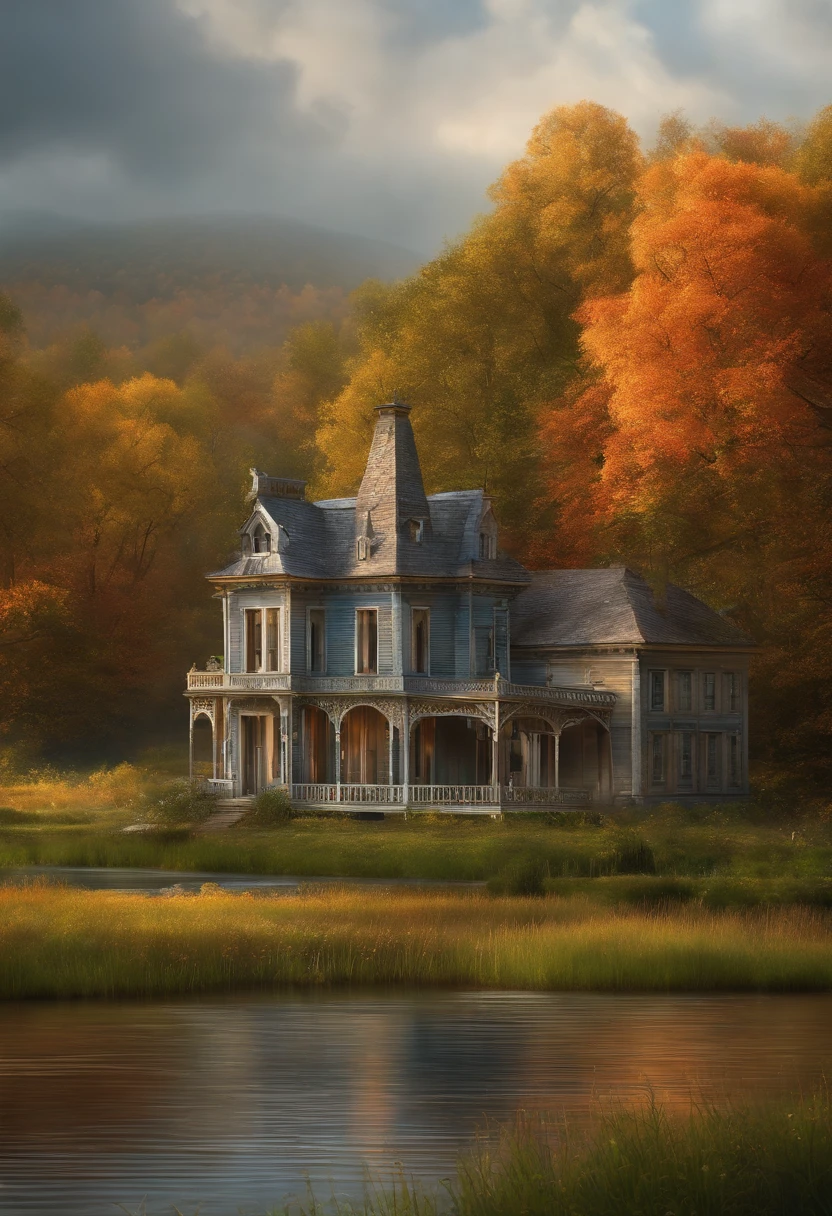 Abandoned house by the lake,Landscape, water, (Papel de parede 8k da unidade CG extremamente detalhada), as mais belas obras de arte do mundo, Majestic oil painting professional, intrincado, High detail, foco nítido, dramatic and photorealistic painting art