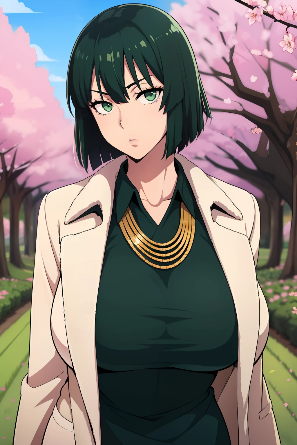 masutepiece, Best Quality, 1girl in, detailed facial features, Beautiful face, Fubuki, Green hair, taut clothes, Fur coat, jewely, Necklace, maturefemale, Perfect female body, Large breasts, Standing, plein air, garden, cherryblossom, Looking at Viewer, deadpan