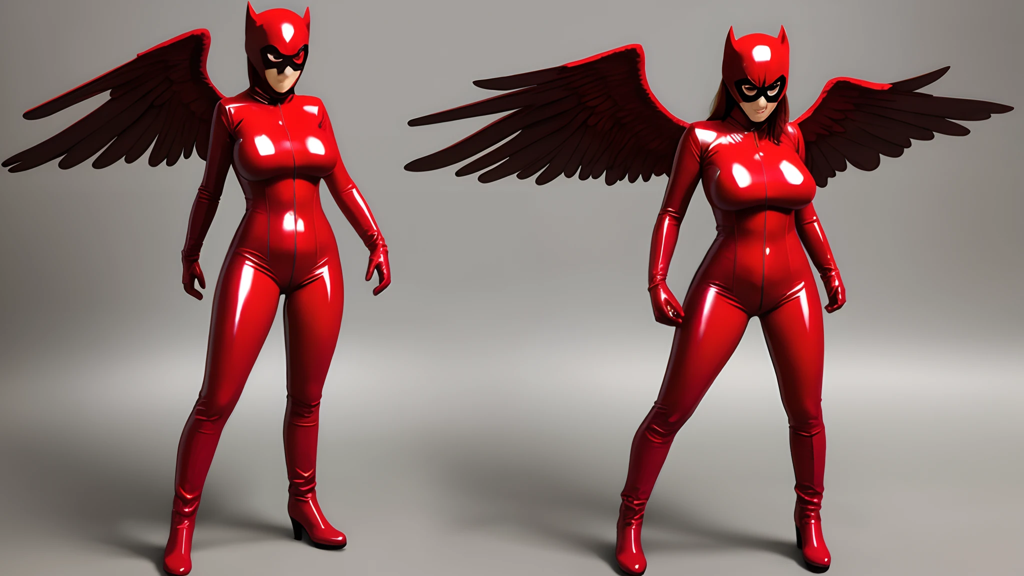 Phoenix superhero,red latex catsuit,Phoenix wings,gloves,boots,big breasts,female,full body,superhero mask