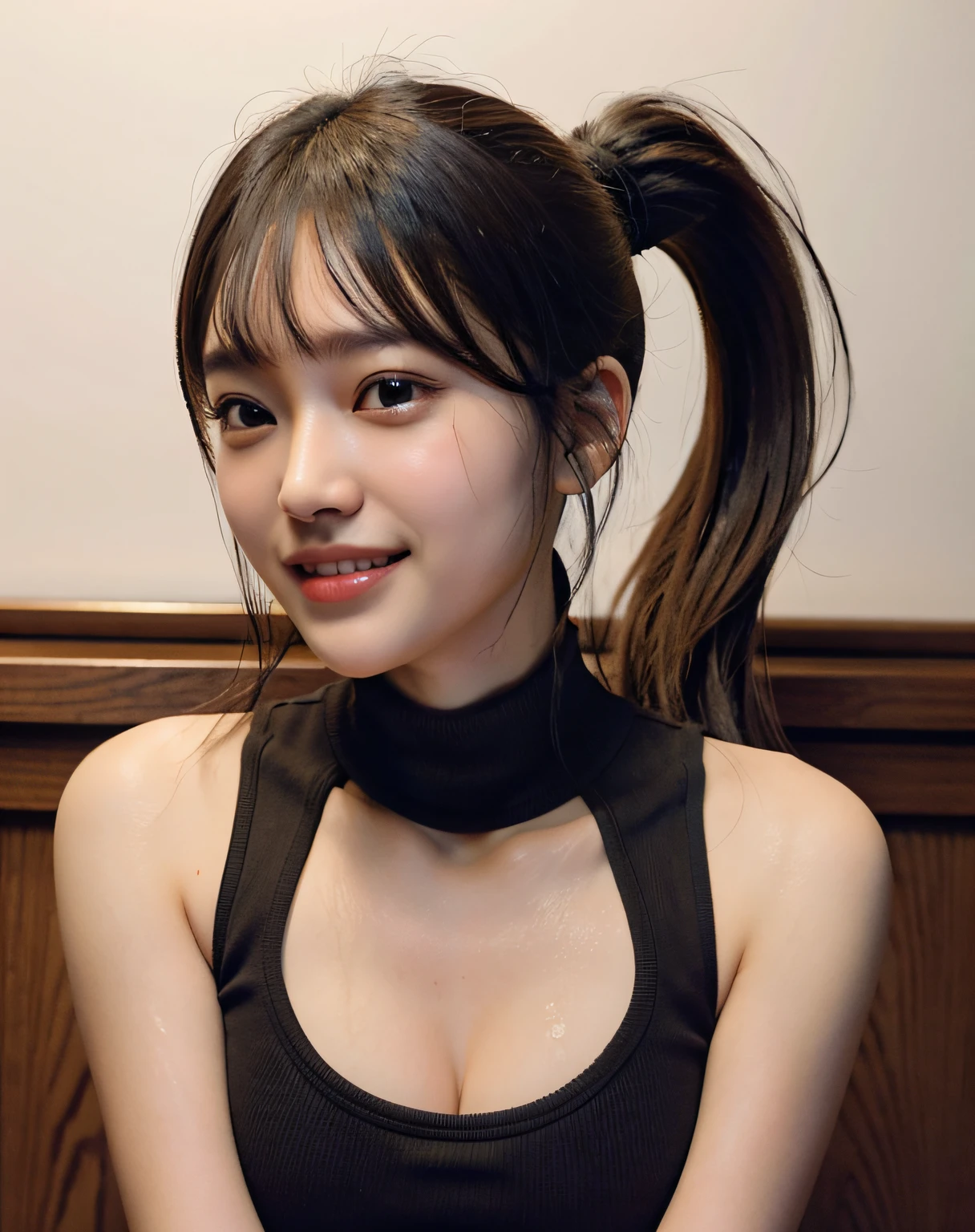 zydG, 1girl, detailed skin, looking at viewer, brown eyes, (ponytail with bangs:1.2), (large breasts:1.0), (large areolae:0.8), smile with white teeth,
(photorealistic:1.4), (best quality:1.0), (ultra highres:1.0), 8k, RAW photo, (masterpiece:0.2), (sportswear:1.4), (sweat, wet:1.1), portrait, face focus,
(pureerosface_v1:0.5)