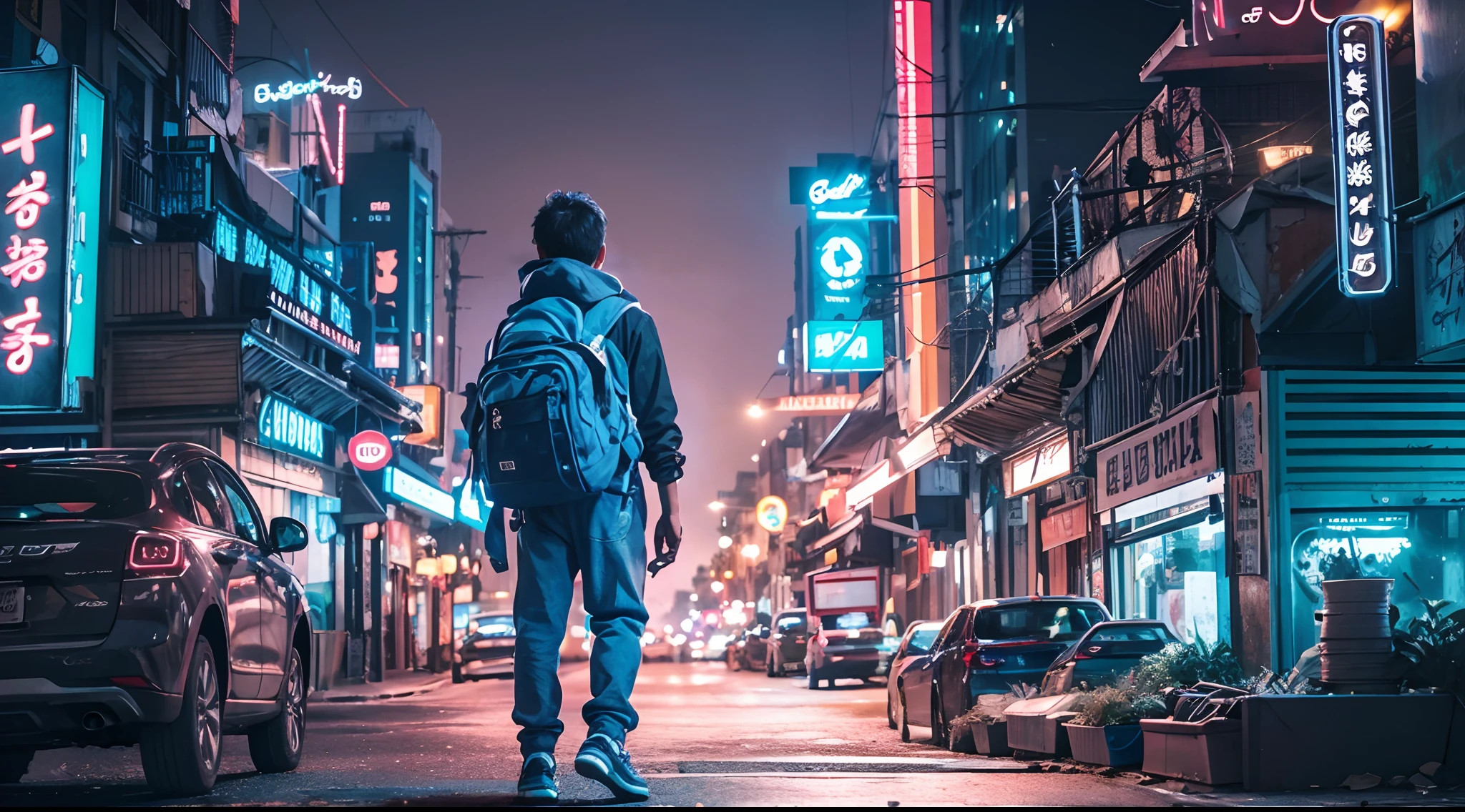 Photograph the Malay teen boy in blue outfit carrying big backpack in an urban arab city setting at night, side view, with city lights and arabic neon signs as a backdrop. Use a low-angle shot with a wide-angle lens to capture the urban sprawl. Apply a cool blue color grading to enhance the futuristic and cinematic feel,Deep Focus cinematography effect, ultra detail, high quality, 8k