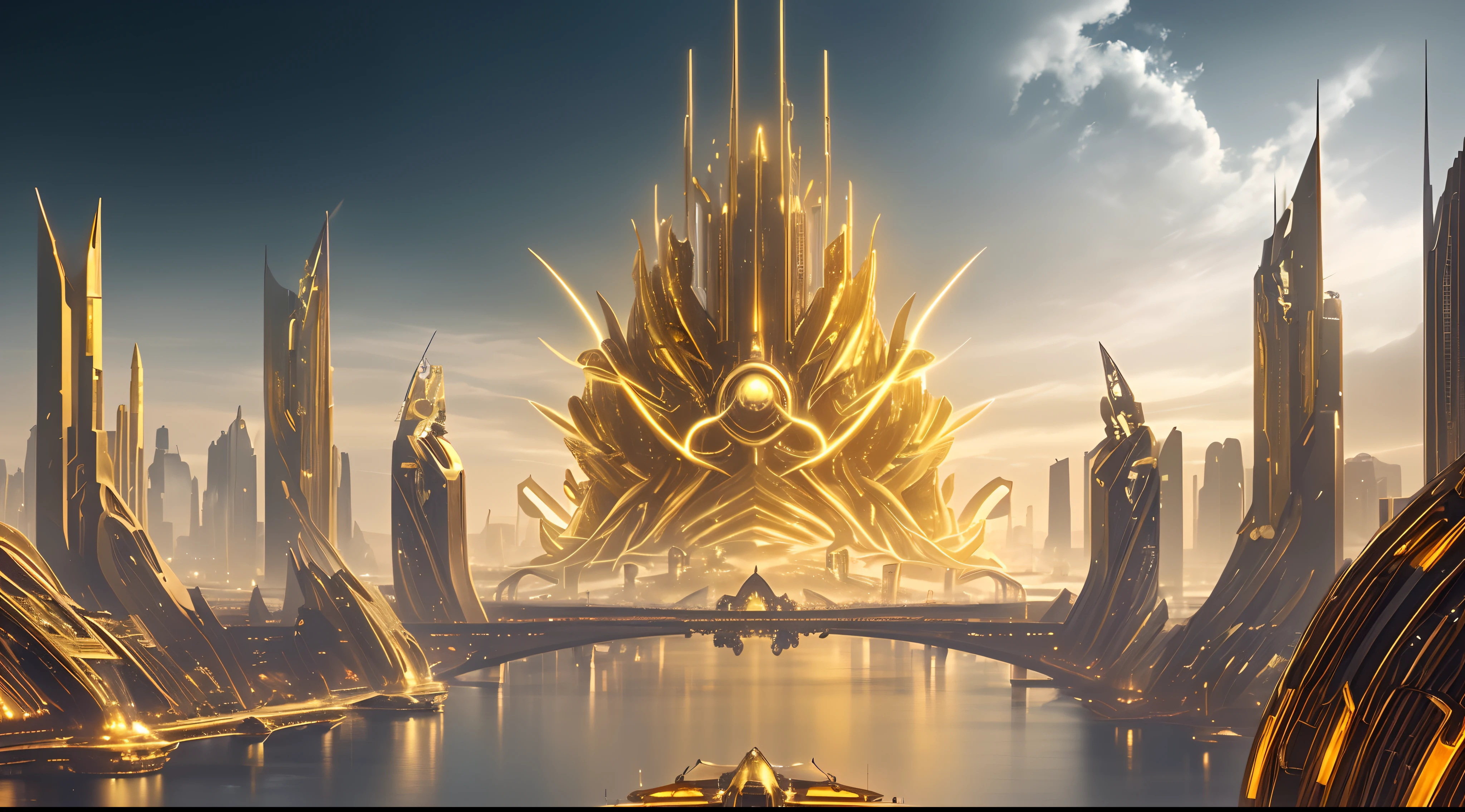 A epic legendary beautiful golden futuristic city