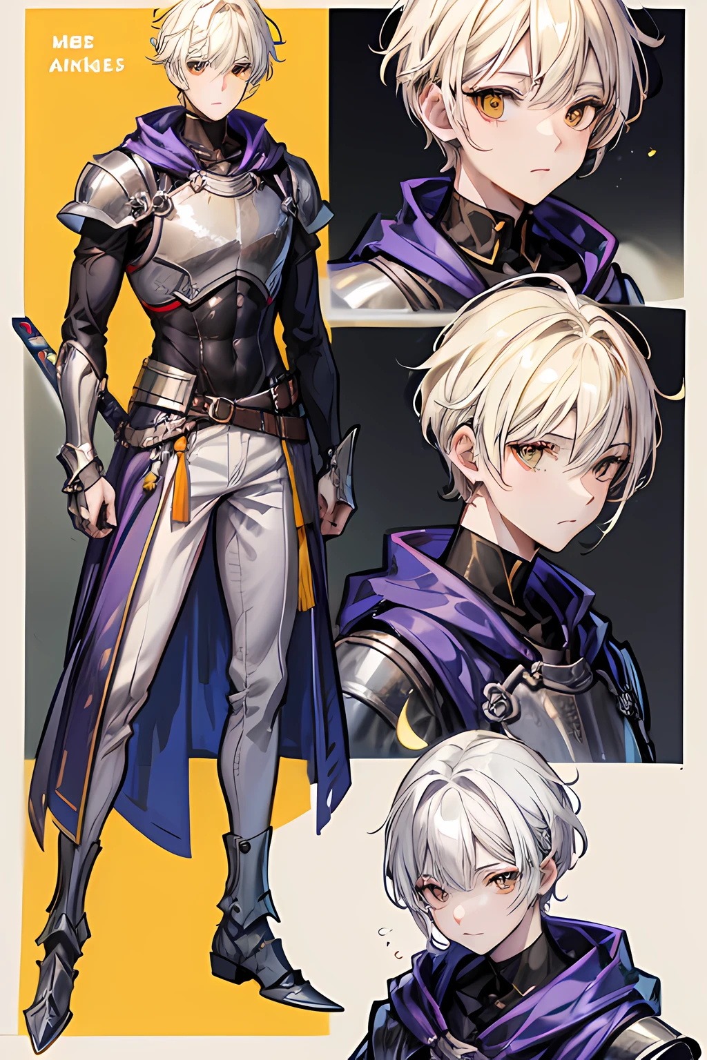 character sheet, A 22-year-old man with short light-yellow hair, Handsome, neatly styled with a buzz cut, and orange eyes, He is a noble's guard from a border city and has a small scar on his cheek. He is wearing lighter and simpler armor, standing confidently, holding his sword, and with a gentle smile on his face, he has a cheerful and honest character, ready to protect his lord, reference sheet, model sheet