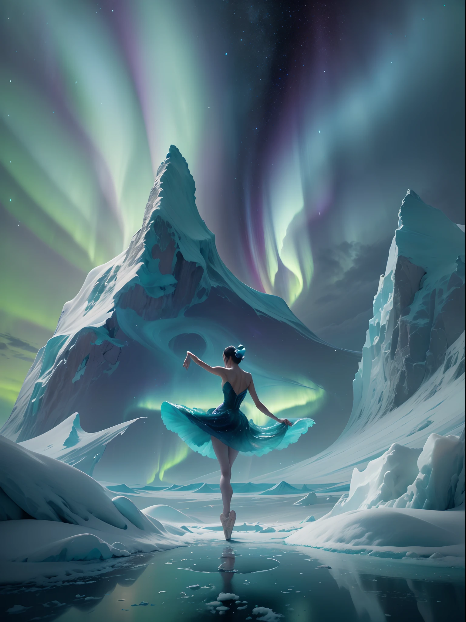 （The back of an actress dancing a ballet on Iceland in the Northern Lights),made of smoke, Green and purple Northern Lights meteor showers drill in the mountains, dramatic aurora borealis, northern lights background,  northern lights background, Magnificent background, with aurora borealis in the sky, The Northern Lights in space in surreal and dreamlike landscape style, Light black and emerald, 8K resolution, minimalistbackground, Monochrome contemplation from an upward perspective，Ultra-clear
Mystical ballet moves with soft and dynamic movements, Smoke effects and mystery. The background must be filled with swirls and dynamic colored smoke，Wear yours with a ballerina smoky swirl dress.The concept of a flappy purple smoky dress with a fast-spinning motion was the inspiration, Key Elements::Convey the mysterious, smooggy，Colorful atmosphere.Emphasis on dynamics, Rotational motion in composition.Focus only on visual images; Exclude any text.Other guidelines:The artwork should evoke a sense of intrigue and wonder.Capture the essence of ballet with fast pace and fluid movement.