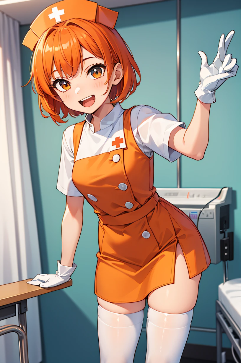 1girl, solo, nurse, nurse cap, white wear, ((white legwear, zettai ryouiki)), white gloves, very short hair, orange hair, smile, open mouth, standing, ((hospital room)), sharp outline, short sleeves, tomboy, boyish, best quality, masterpiece